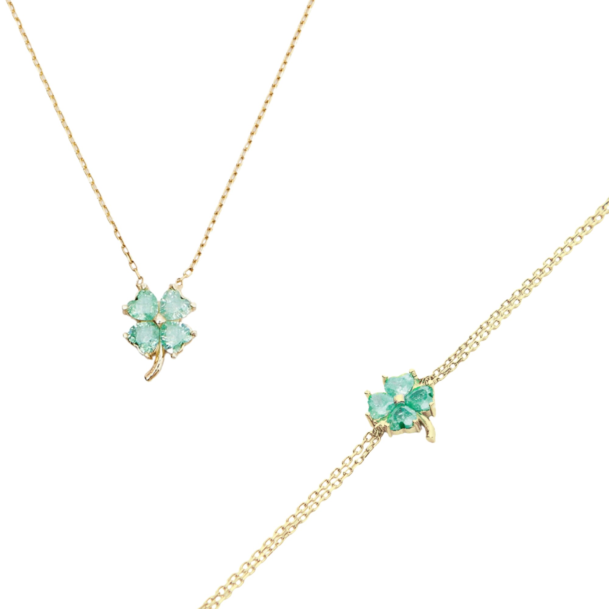 Spero London Silver/Green/Gold Four Leaves Clover Sterling Bracelet And Necklace Set In