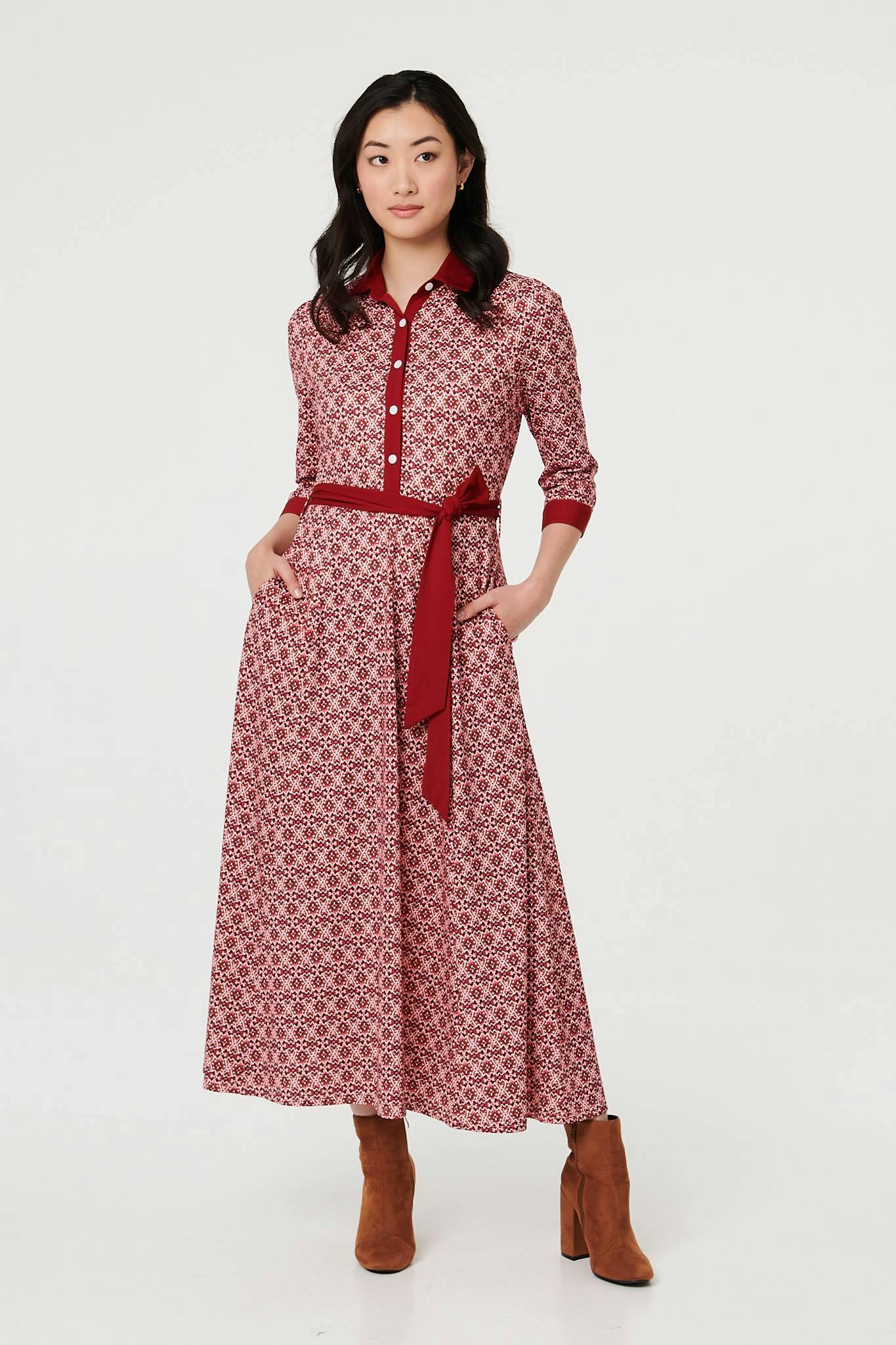 Izabel London Pink Printed 3/4 Sleeve Tie Waist Maxi Dress - 14