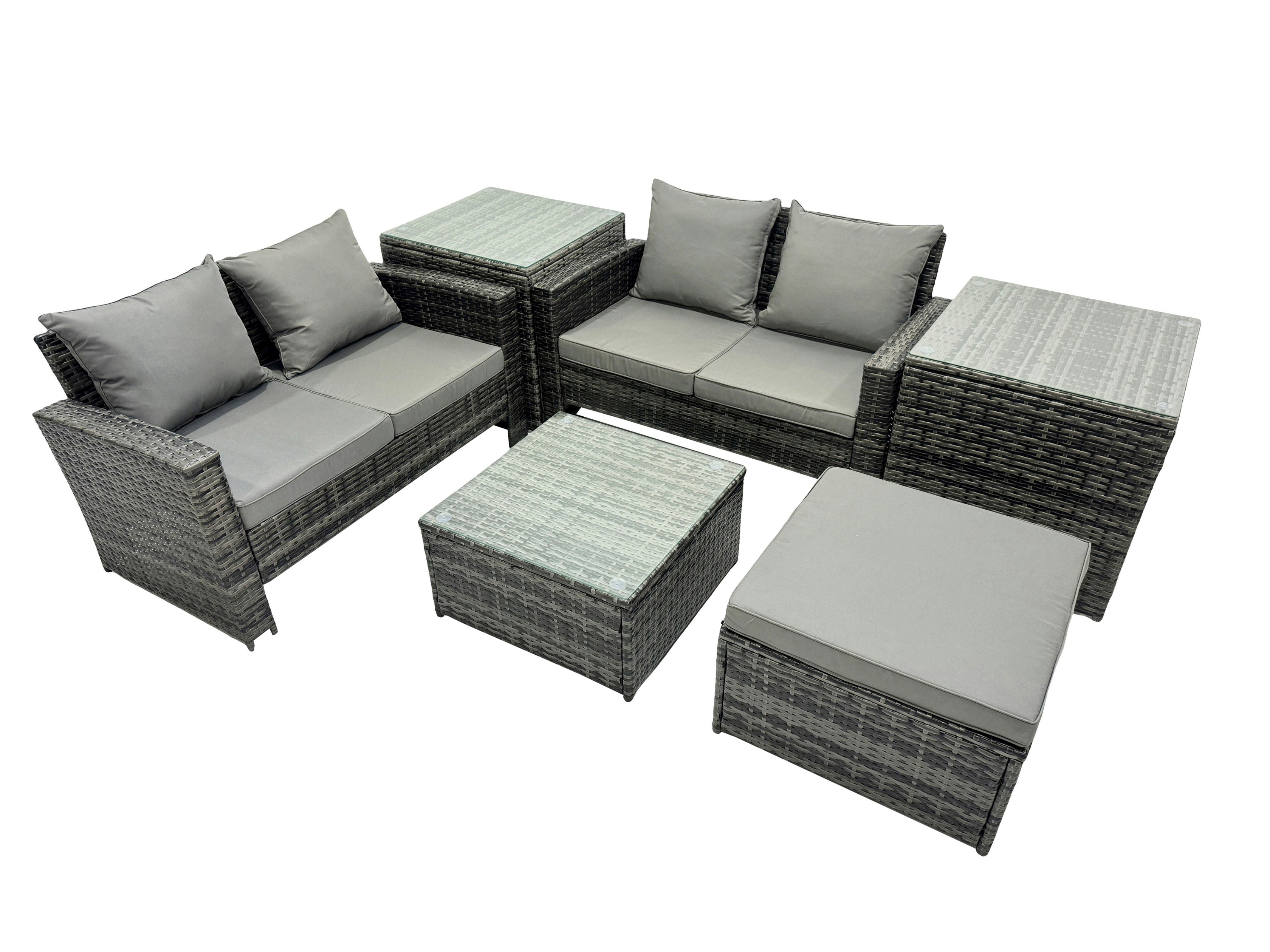 Rackhams Dark/Grey Pe Rattan Garden Furniture Set Lounge Double Seat Sofa Coffee Table Set With 2 Side Tables Big Stool Mixed