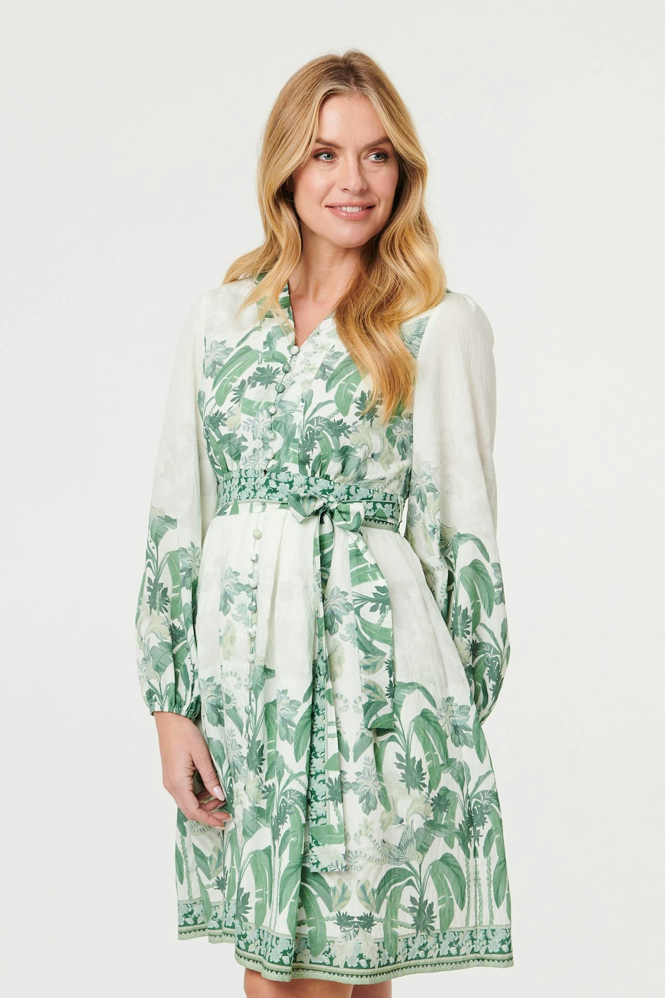 Izabel London Green Leaf Print Long Sleeve Tie Short Dress - 8