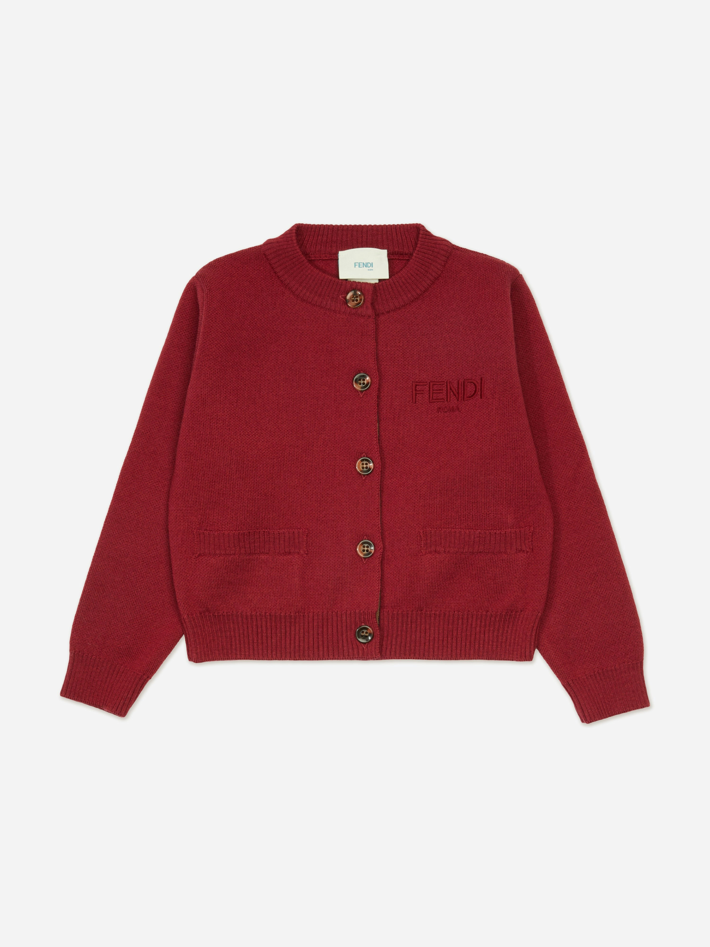 Fendi Kids Girls Red Fendi Wool Knit Logo Cardigan In - 4 Yrs