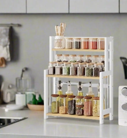 Rackhams 3 Tier Spice Rack Kitchen Countertop Storage Shelf Natural For Herbs