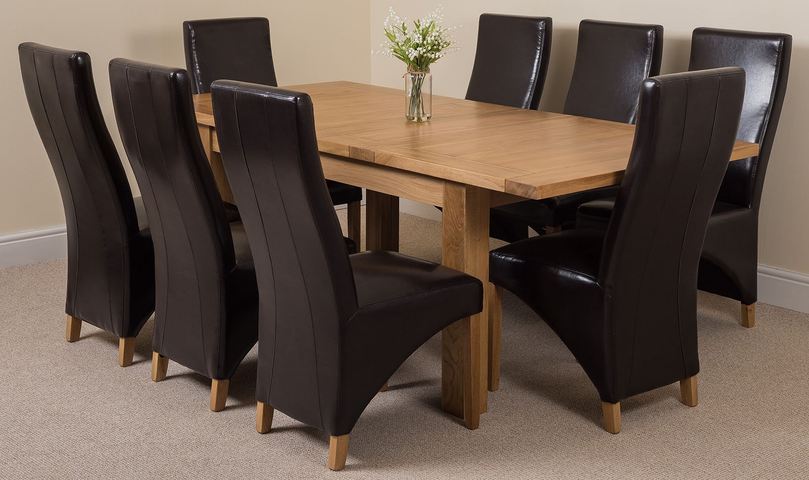 Rackhams Brown Seattle Oak Extending Dining Table With Lola Leather Chairs - 8 Chairs