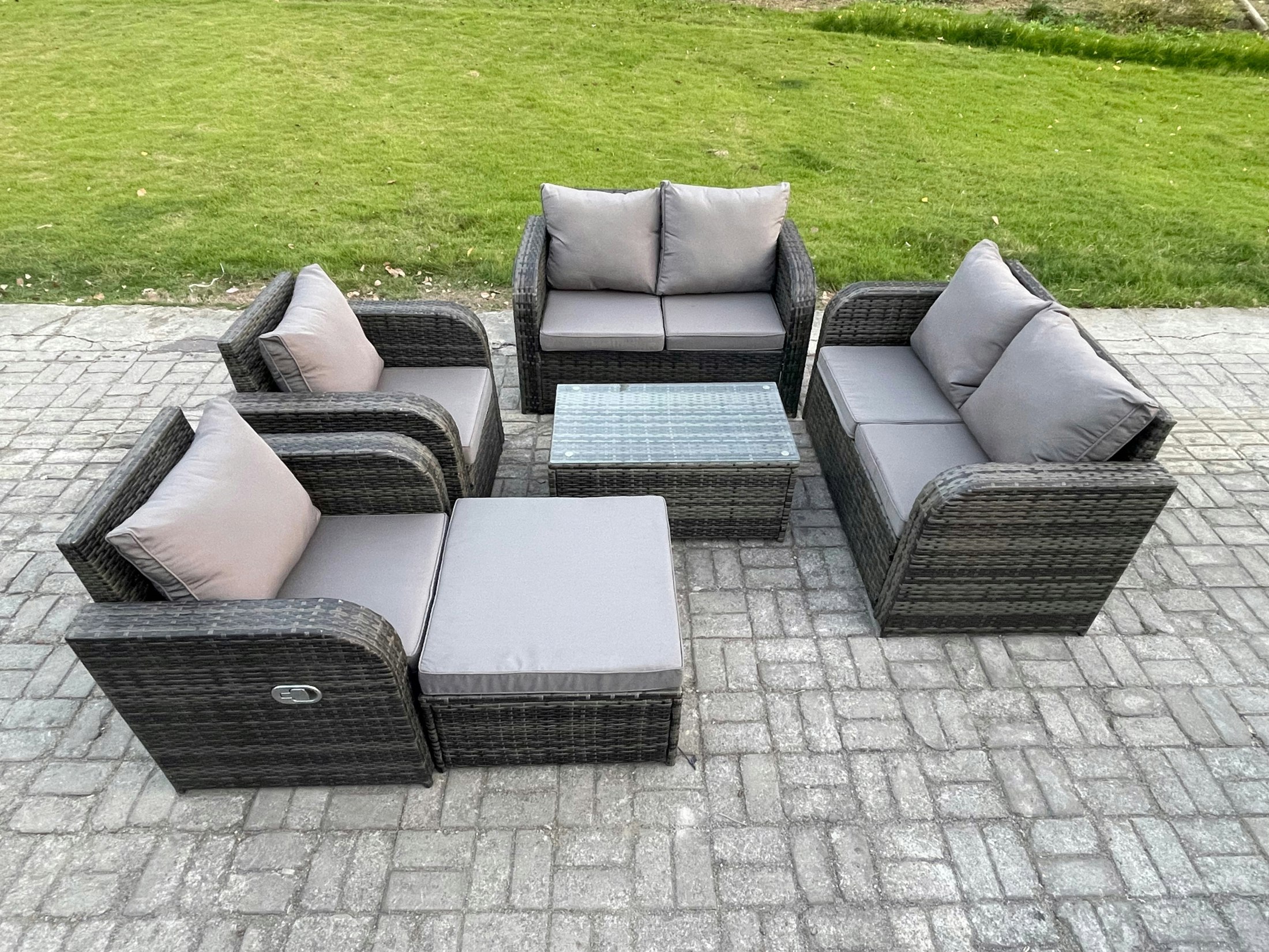 Fimous Dark/Grey Rattan Garden Furniture Set Patio Outdoor Lounge Sofa Set With 2 Reclining Chairs Rectangular Coffee Table Big Footstool Mixed