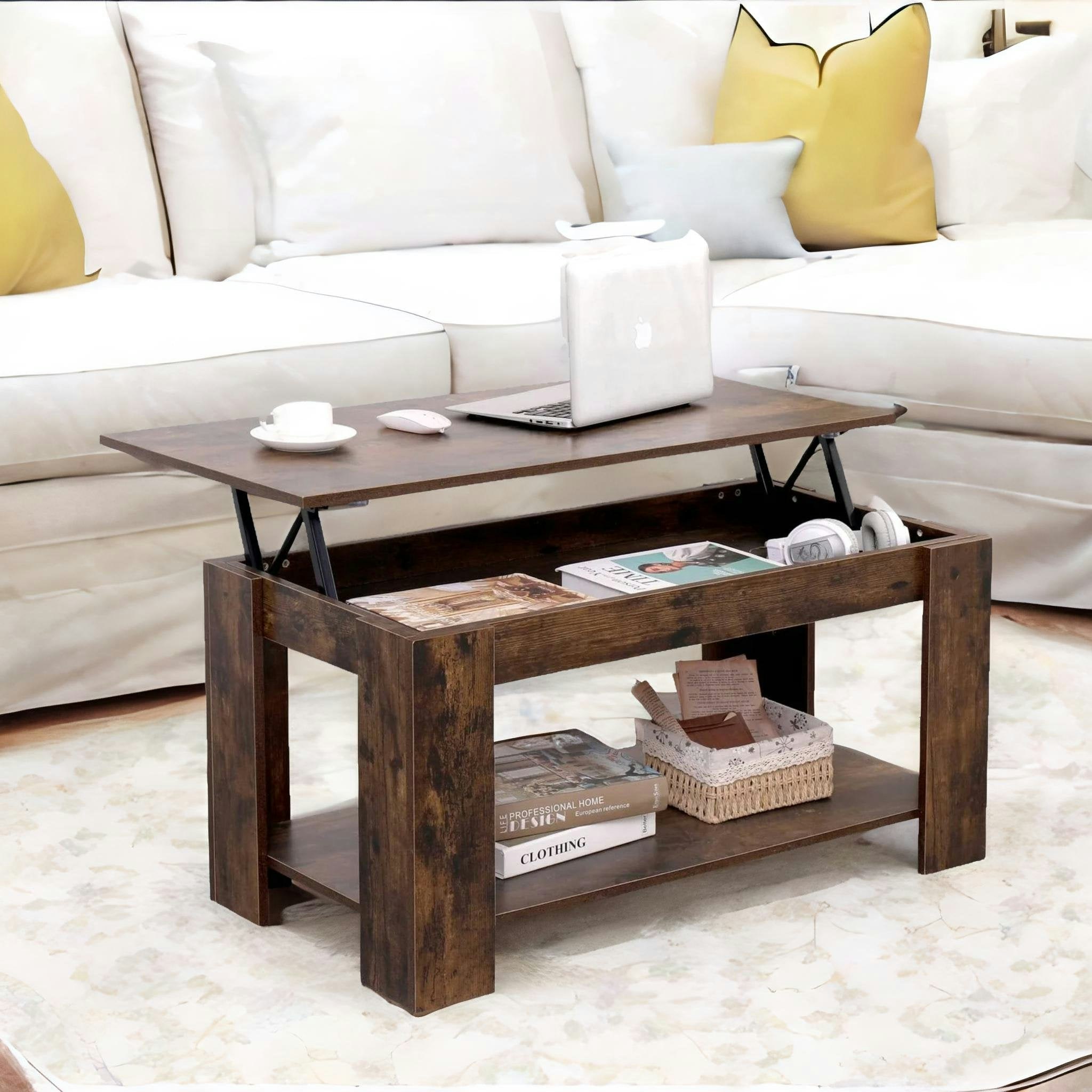 Rafaelo Mobilia Brown Industrial Lift Top Coffee Table With Hidden Storage