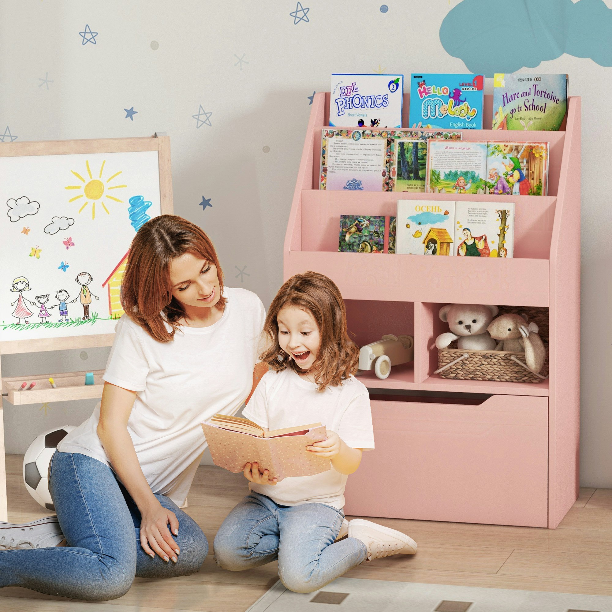 Homcom Pink Kids Bookcase, Toy Box W/ Storage Drawer, Wheels For Bedroom