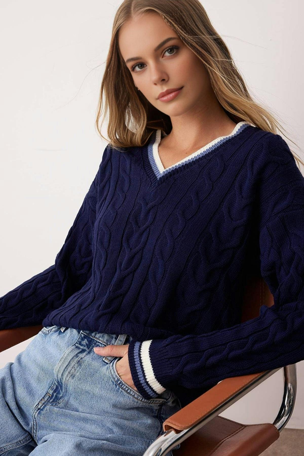 Hoxton Gal Cable Knit Collegiate Sweater - Navy - L