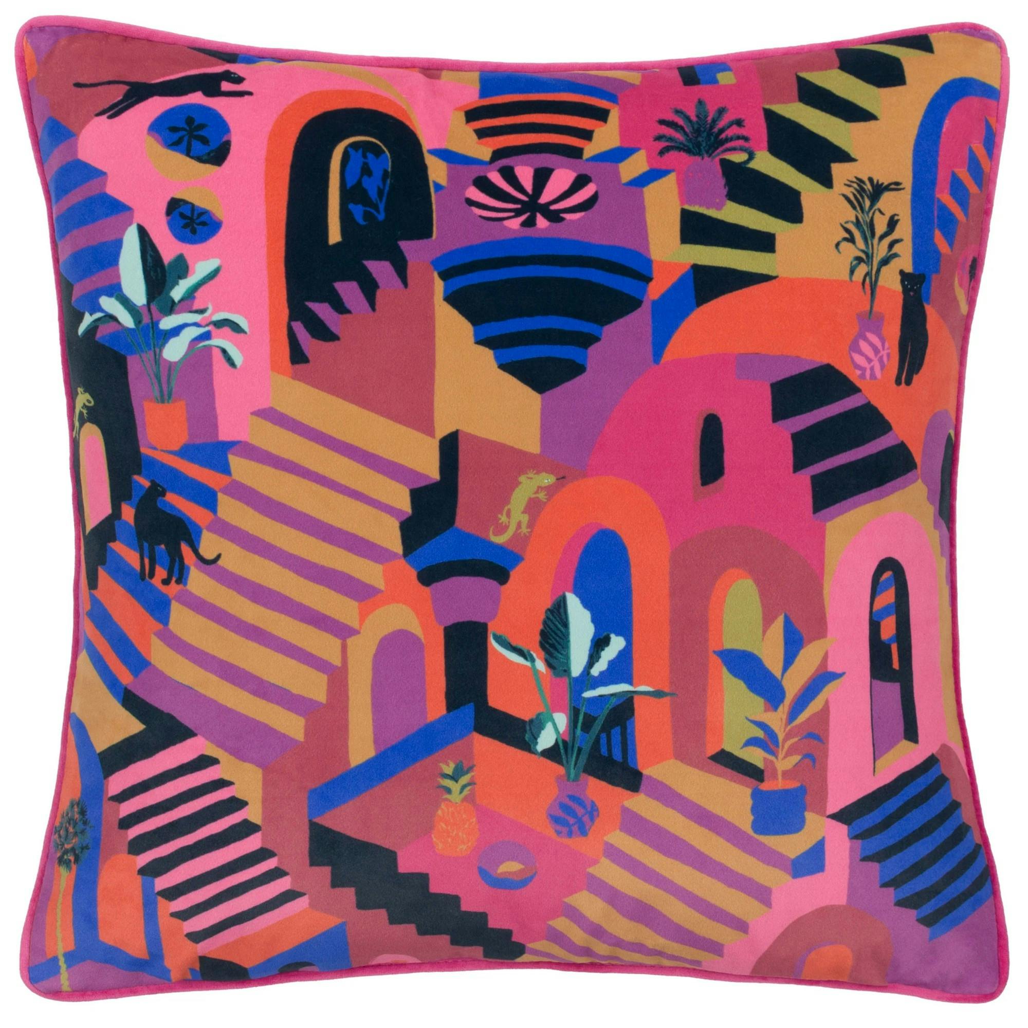 Furn Eivissa Velvet Embroidered Cushion Cover - Multicoloured - 43Cm X 43Cm - Multicoloured - 100% Polyester