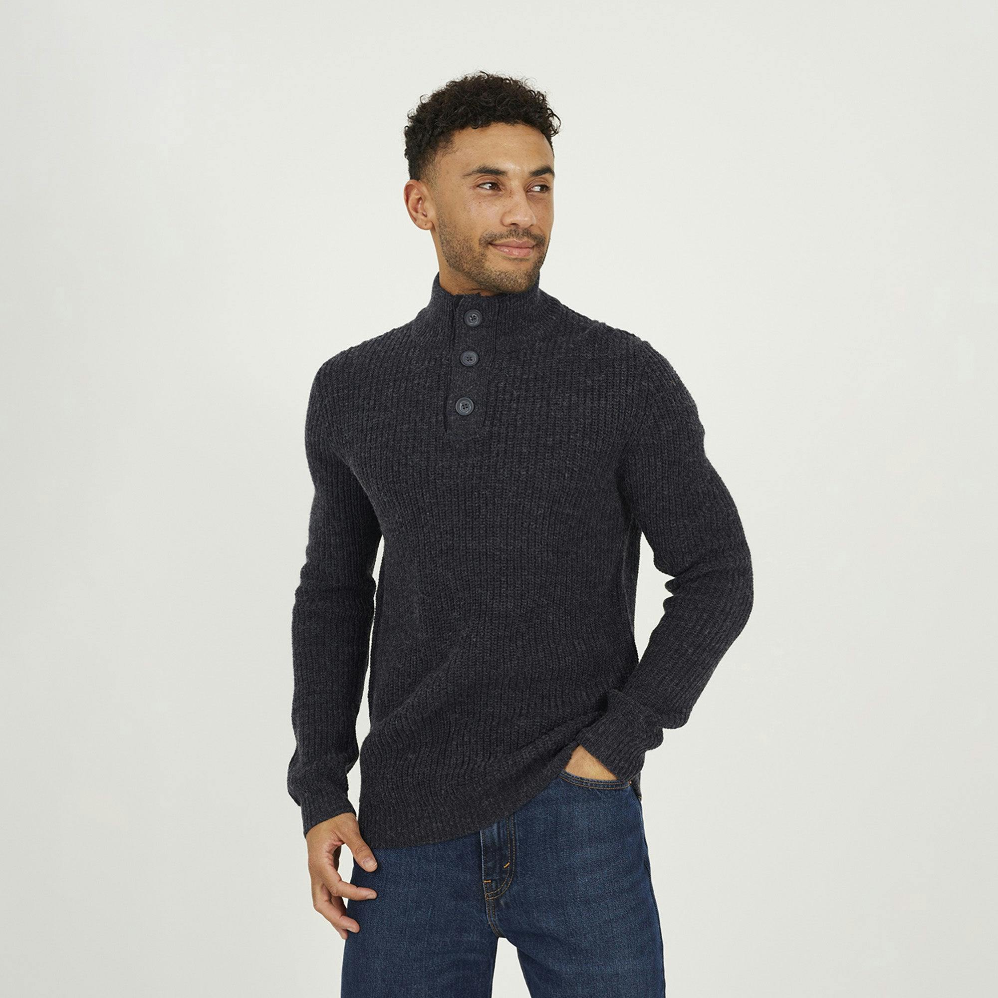 Brave Soul Funnel Neck Jumper With Buttons - Navy - Navy - Xxl