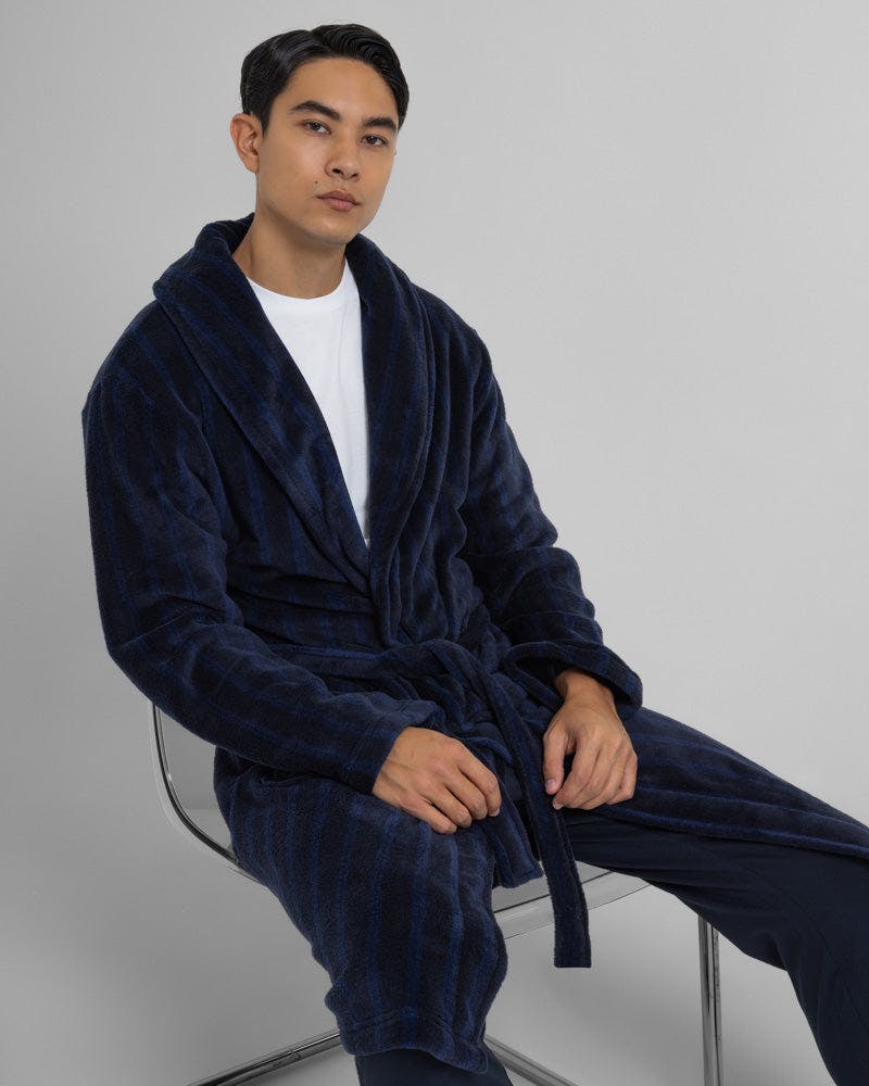 Steel & Jelly Edgware - Chevron Stripe Supersoft Fleece Dressing Gown - Navy - M