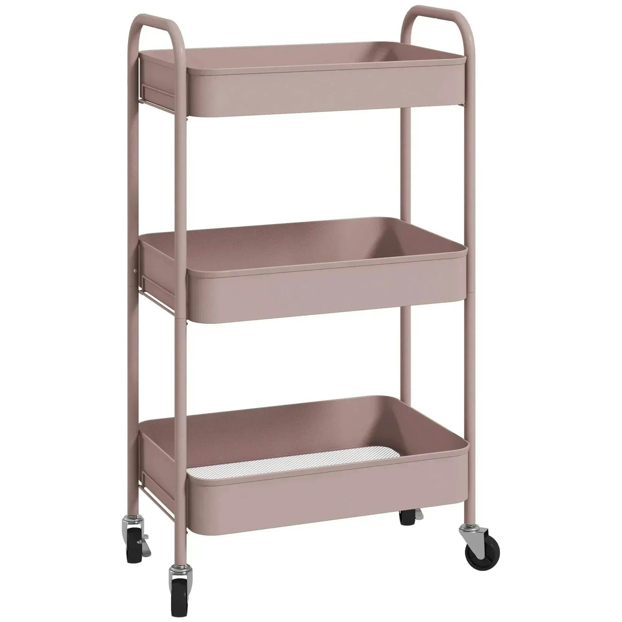 HOMCOM 3 Tier Rolling Utility Cart With 3 Mesh Baskets - Pink - Image 6