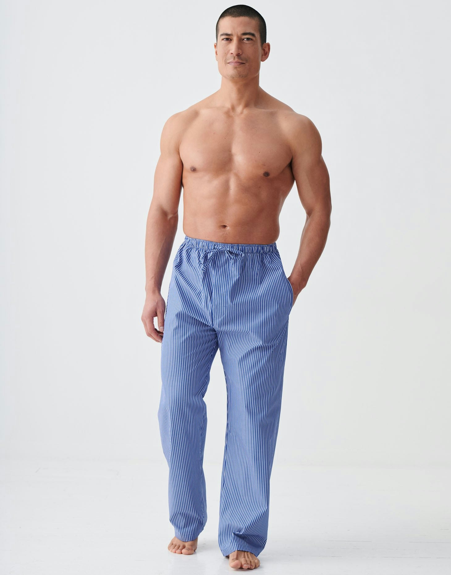British Boxers Men's Blue/White Crisp Cotton Pyjama Trousers - Stowe Prussian & Stripe - Medium