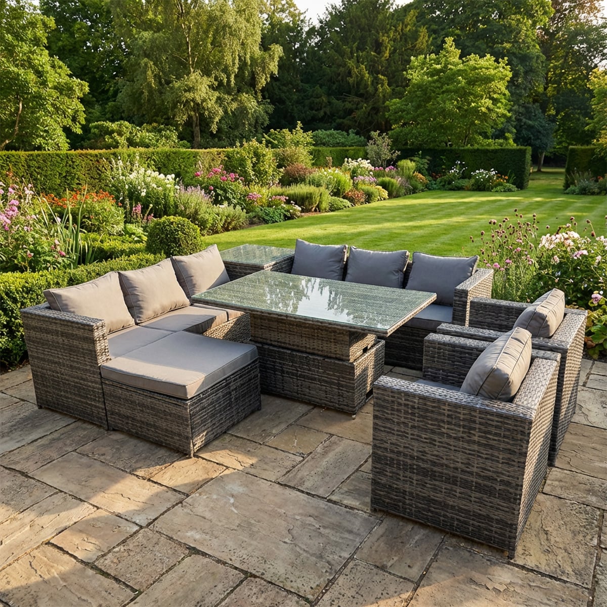 Fimous Dark/Grey 9 Seater Rattan Garden Furniture Set With Corner Sofa, Height Adjustable Rising Table, Side Table & Stool