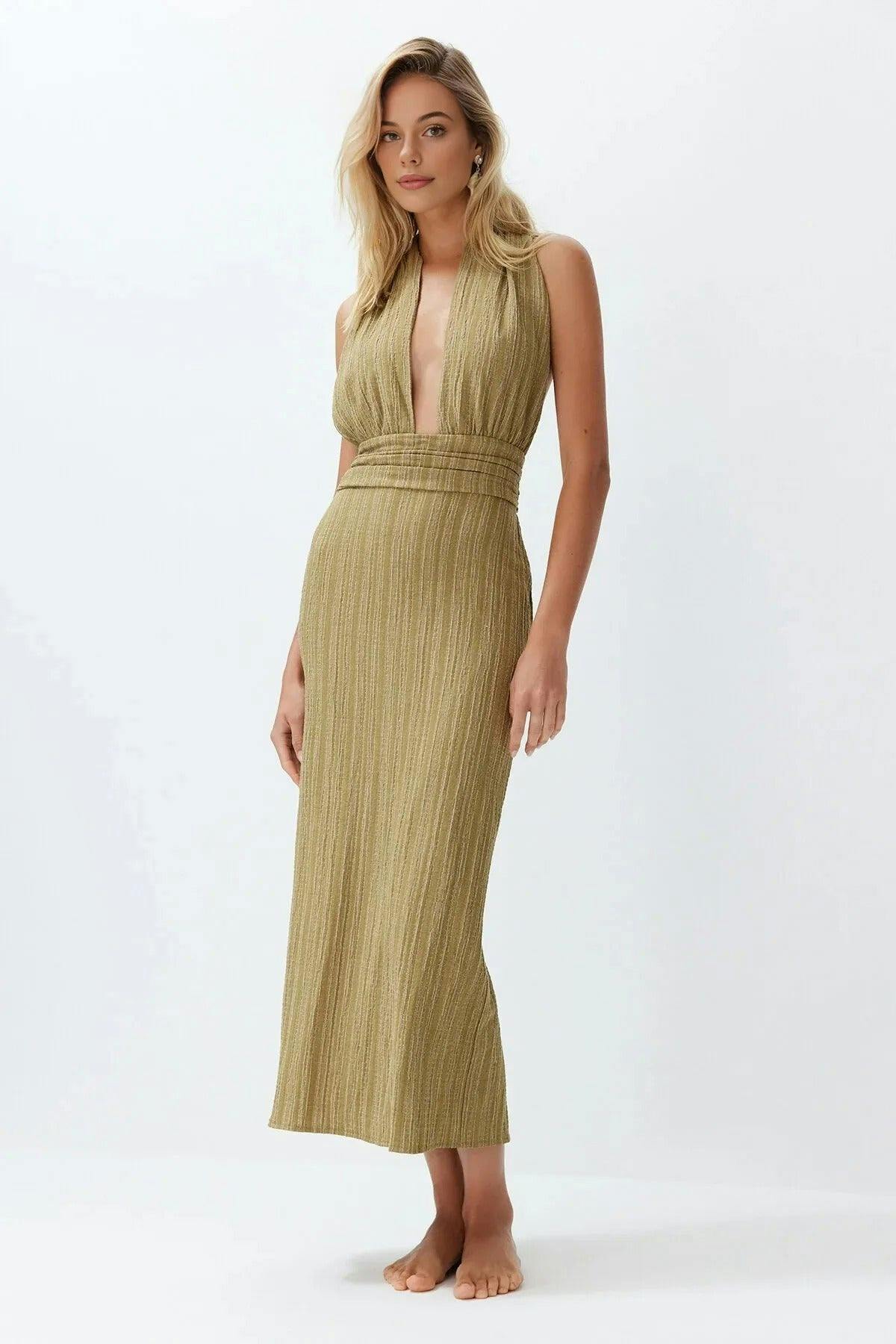 Wovcor Light Woven Backless Maxi Beach Dress - Khaki - 8
