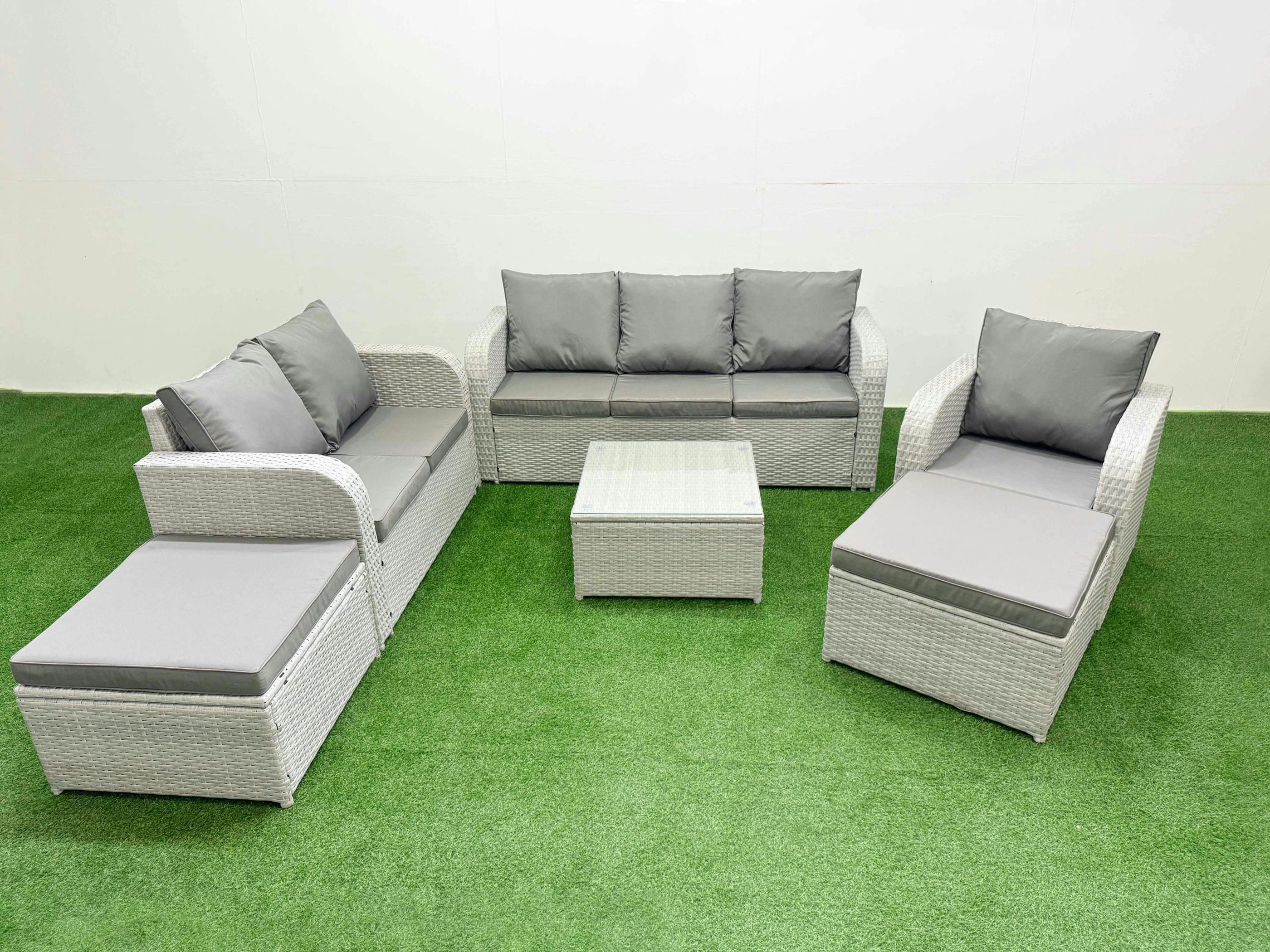 Fimous Light/Grey 8 Seater Patio Sofa Set, Pe Rattan, Square Coffee Table, Reclining Chair, Loveseat, 3 Seater Sofa, 2 Big Footstools And Side Table,