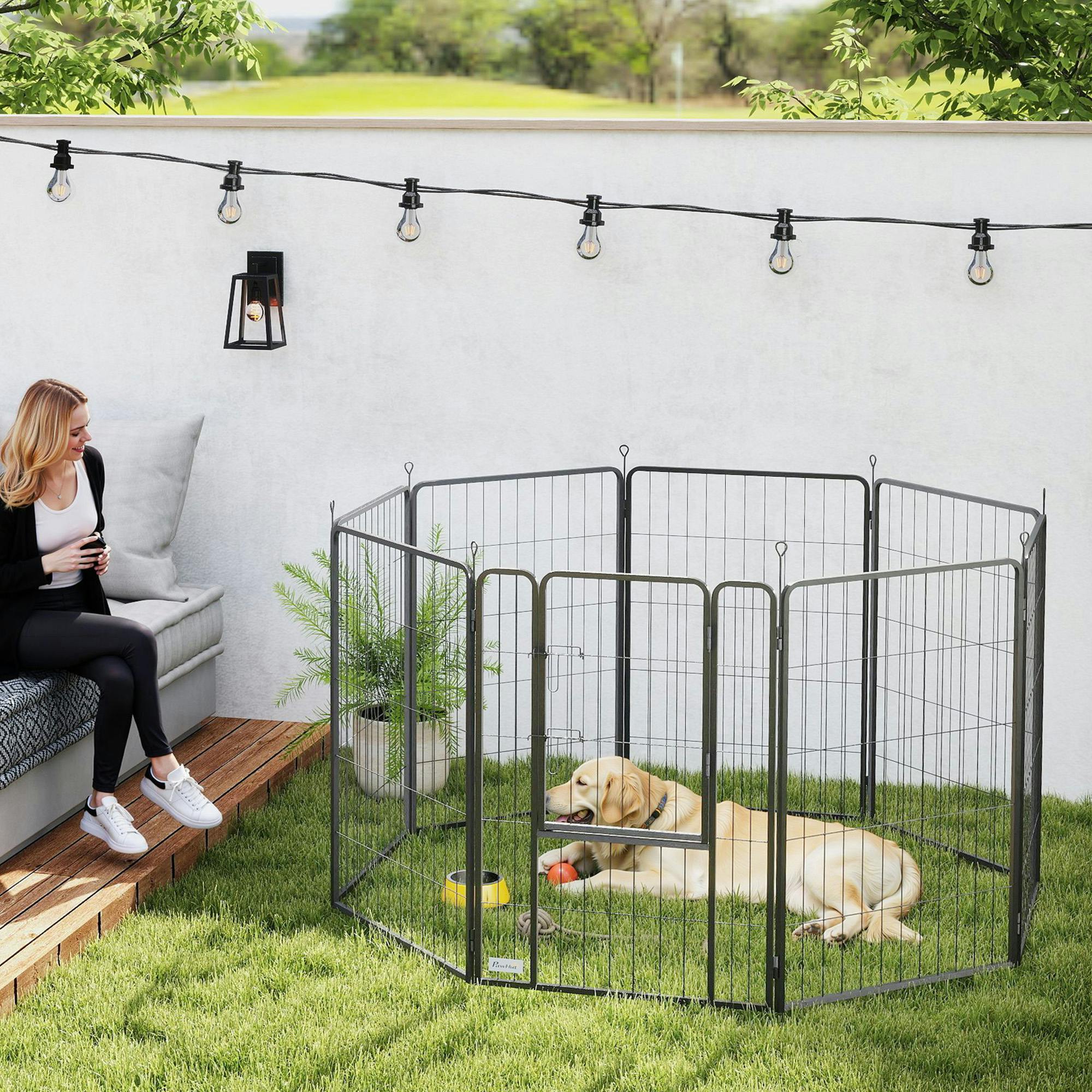 Pawhut 8 Panels Heavy Duty Dog Playpen With Door Indoor Outdoor, 100Cm High