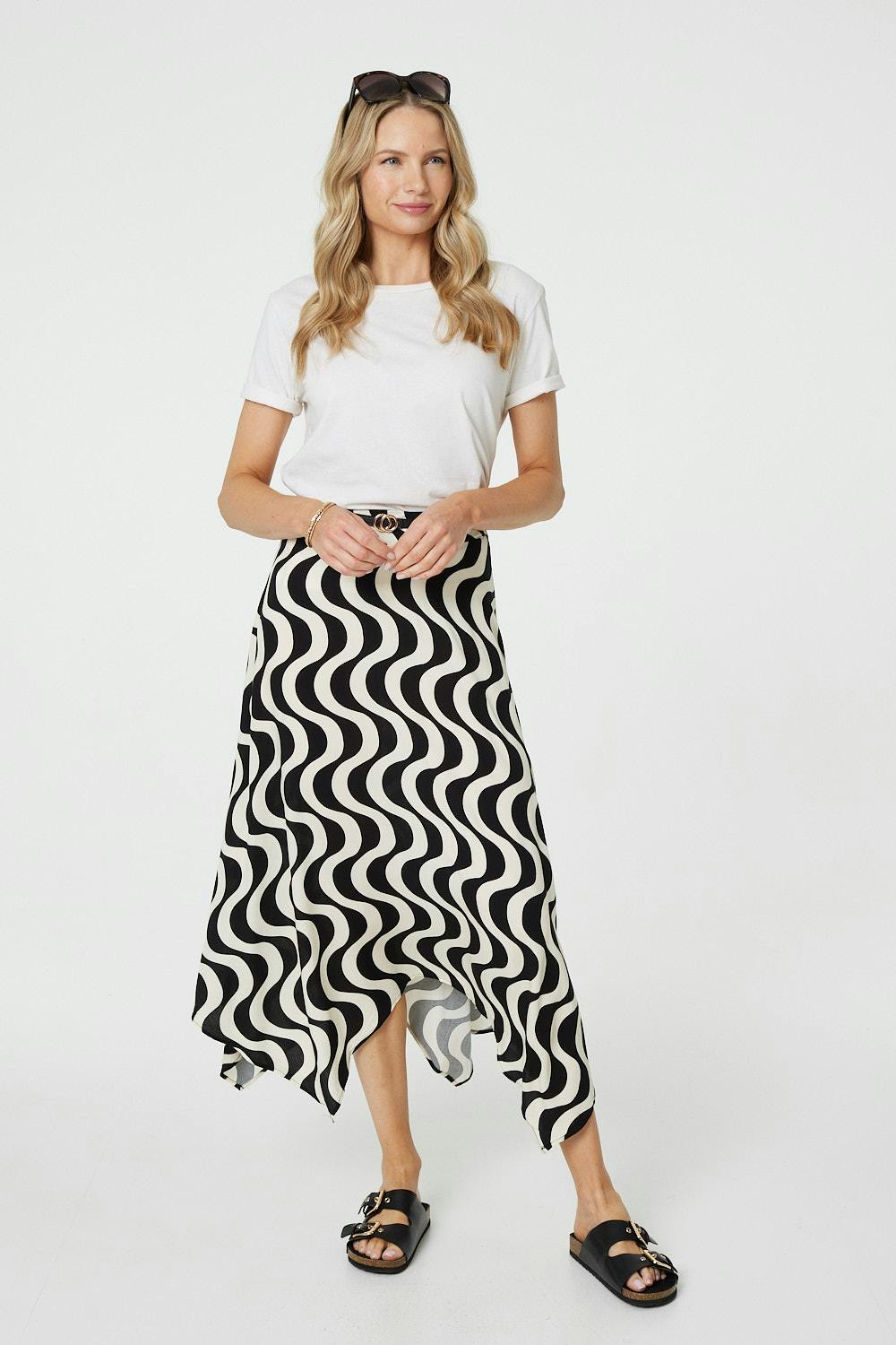 Izabel London Black Wave Print Hanky Hem Belt Midi Skirt - 14