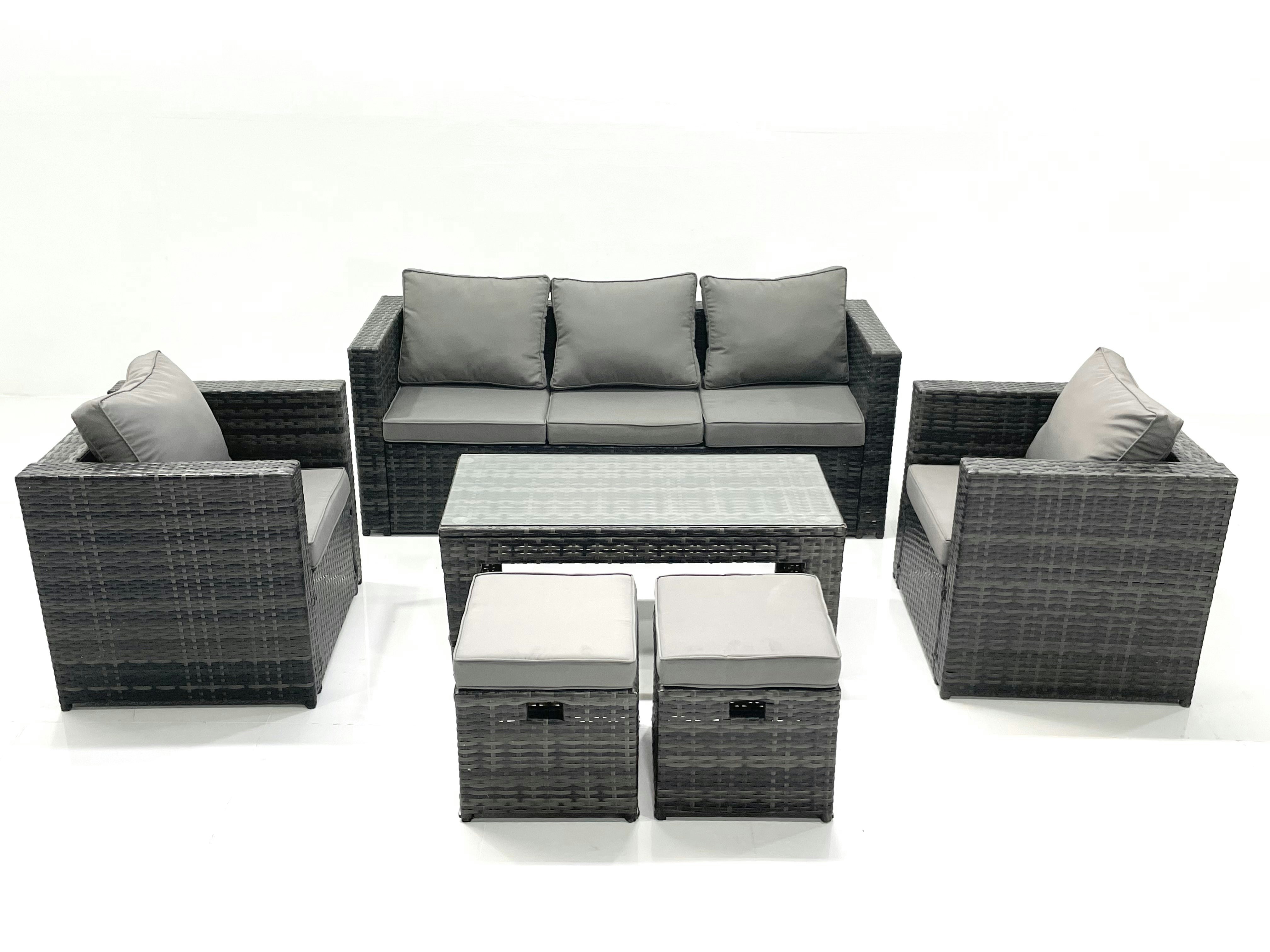 Rackhams Dark/Grey Rattan Garden Furniture Set Outdoor Lounger Sofa With Coffee Table 2 Armchair 2 Small Footstools Mixed