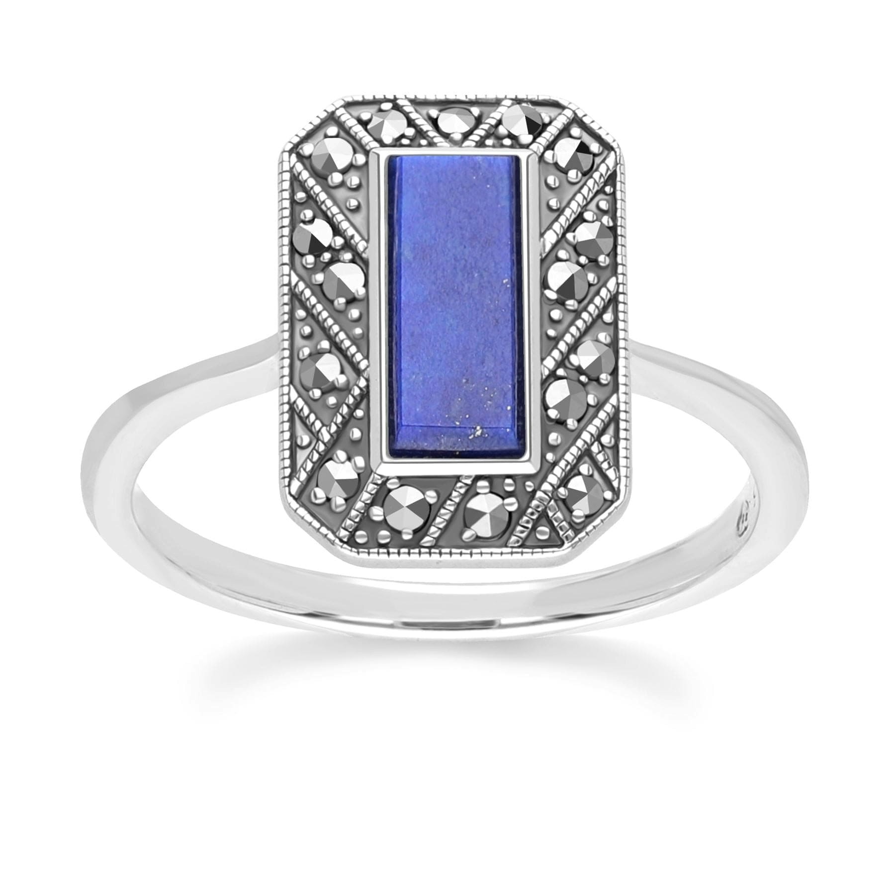 Gemondo Silver Art Deco Style Rectangle Lapis Lazuli And Marcasite Ring In Sterling - U