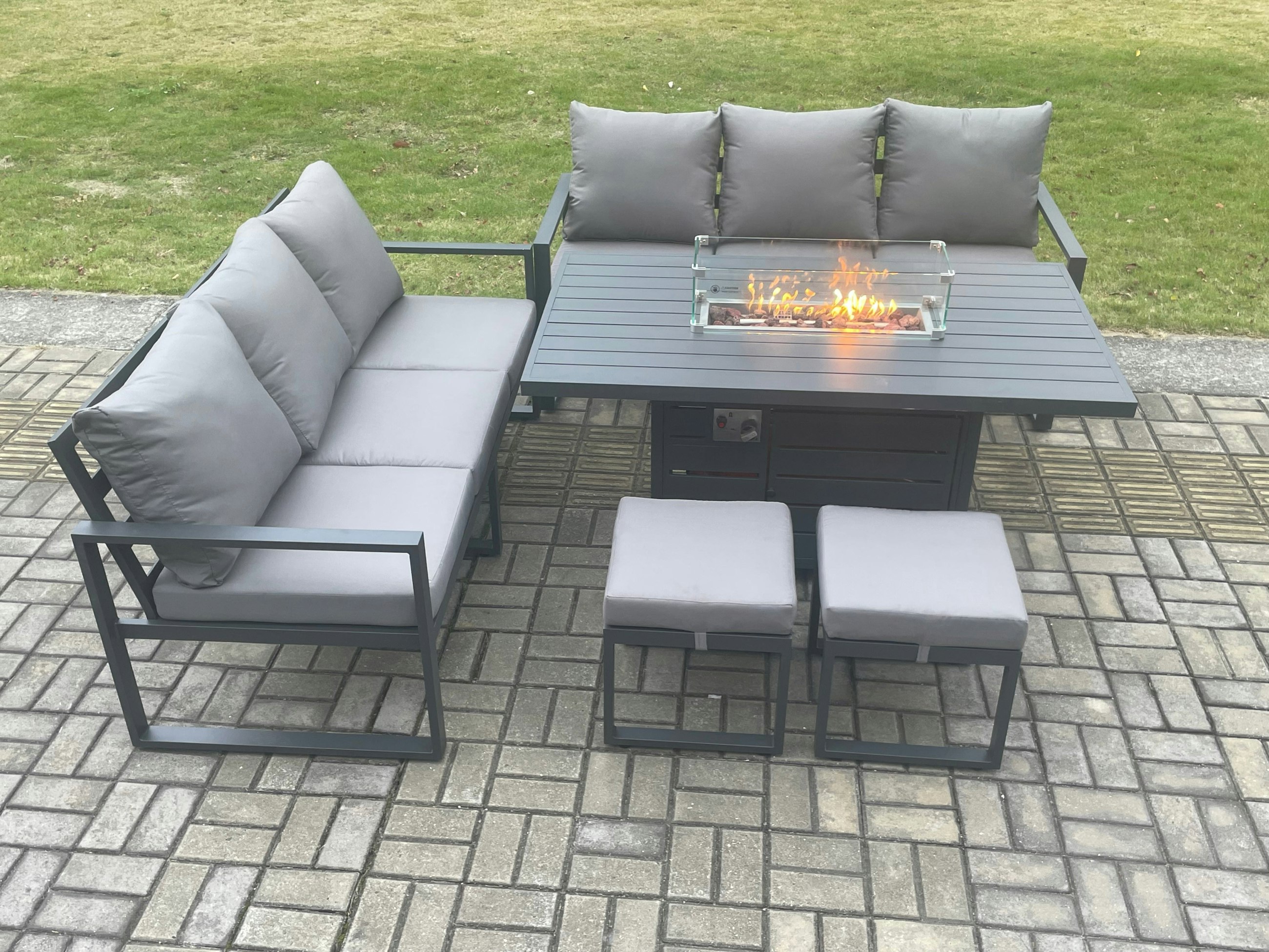 Fimous Dark/Grey Aluminium 8 Seater Outdoor Garden Furniture Lounge Sofa Set Gas Fire Pit Dining Table With 2 Small Footstools