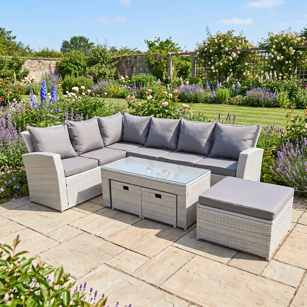 Rackhams Light/Grey 9 Seater Rattan Garden Furniture Set With Corner Sofa, Coffee Table, 3 Footstools - Mixed