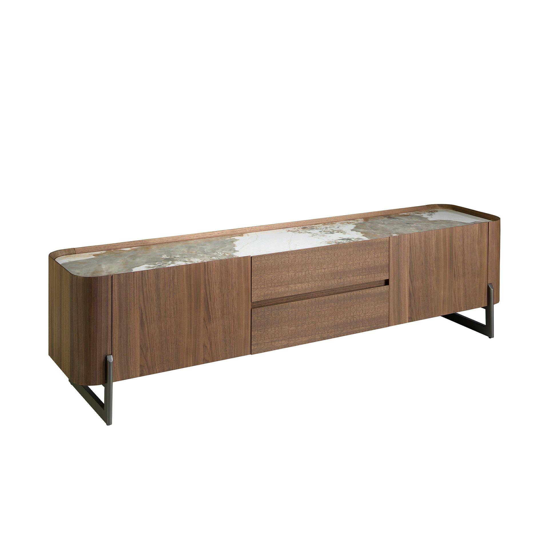 Rackhams Dark Walnut And Metallised Steel Tv Cabinet With Porcelain Marble Top 3250