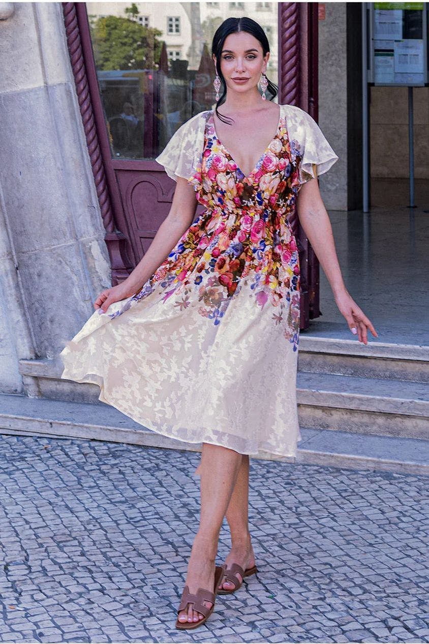 Goddiva Ivory Floral Flutter Sleeve Wrap Midi Dress - By - 16
