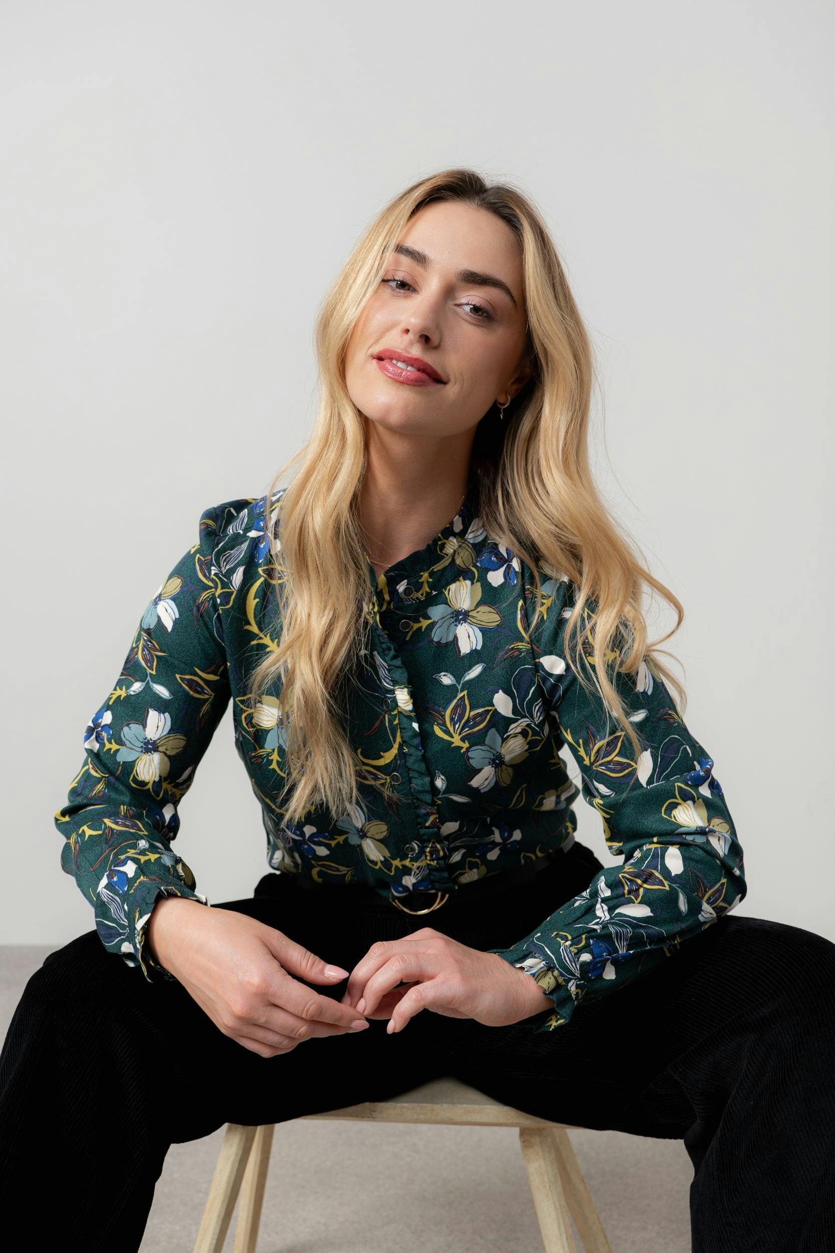 Lily & Me Green Sage Floral Print Frill Blouse - 10