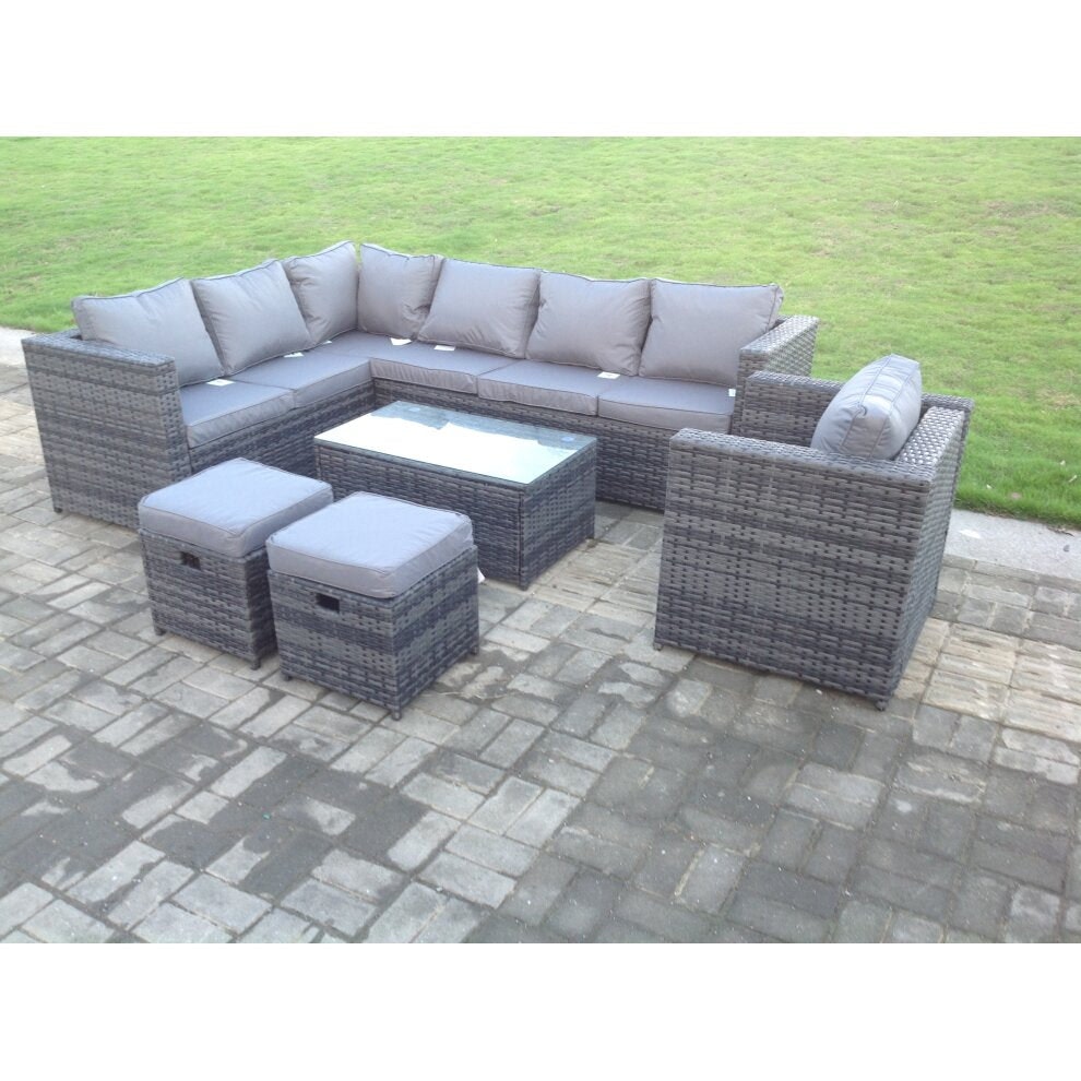 Rackhams Dark/Grey Mixed Rattan Garden Furniture Corner Sofa Set Oblong Coffee Table Chair Footstools