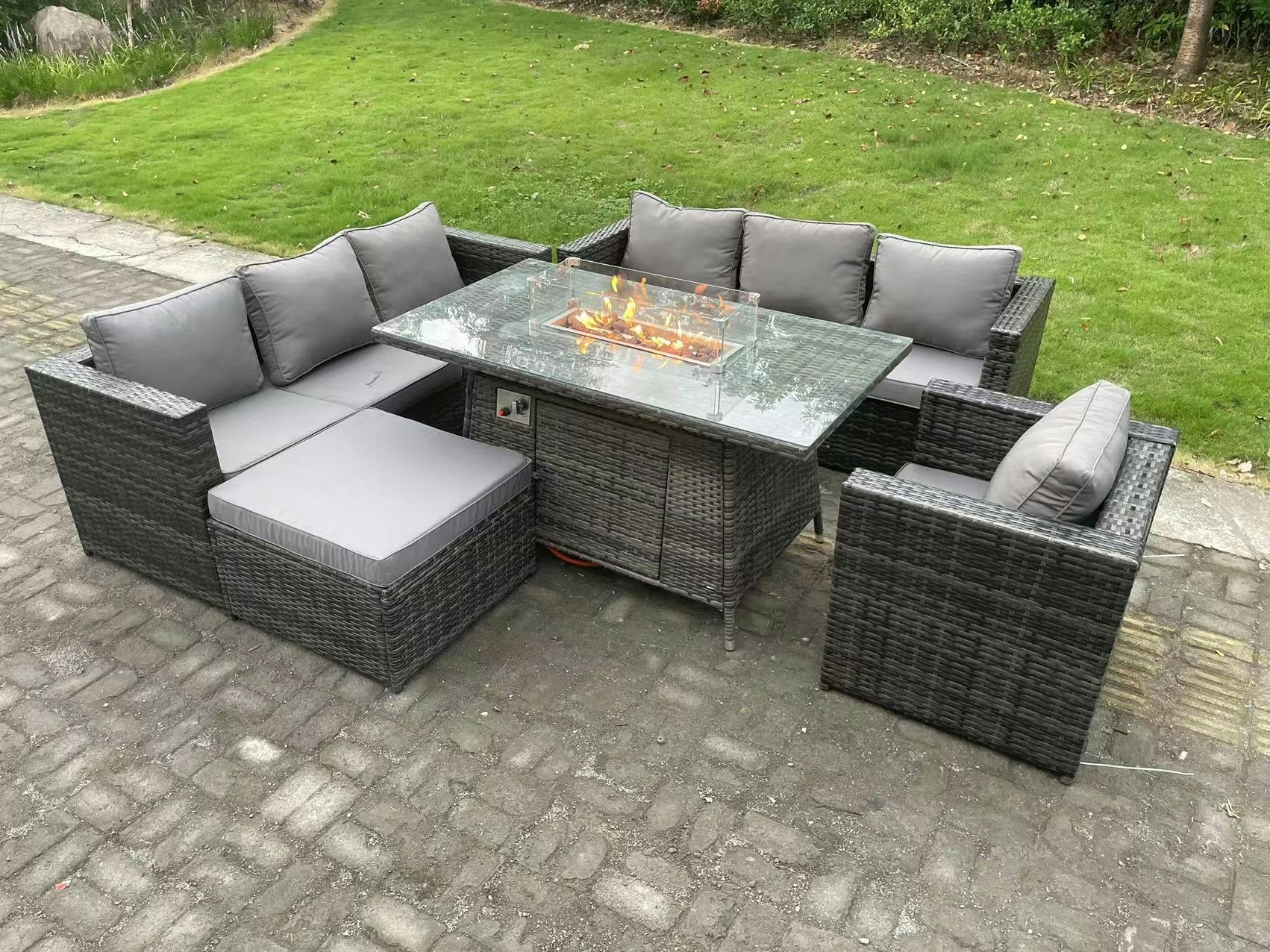Rackhams Dark/Grey Outdoor Rattan Garden Furniture Sofa Set Gas Fire Pit Dining Table Gas Heater Burner With Armchair Big Footstool 8 Seater Mixed
