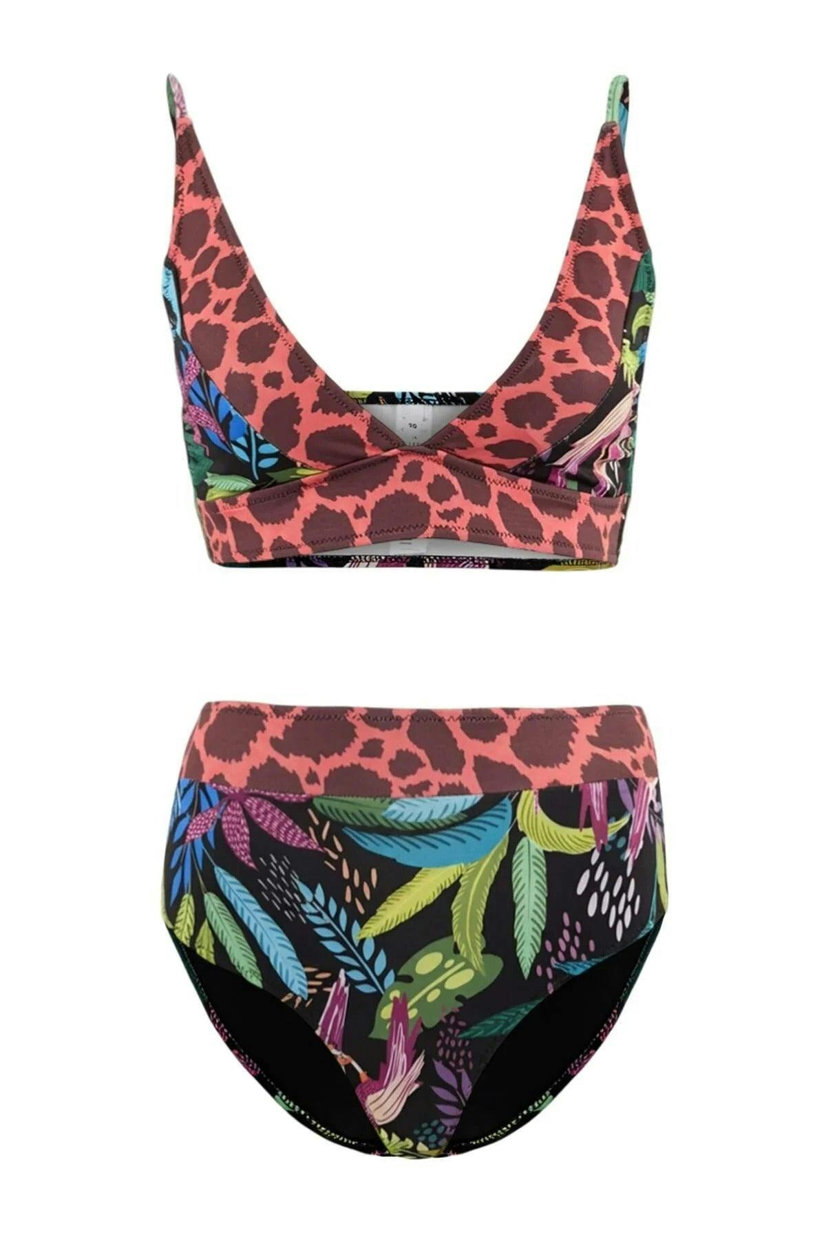 Wovcor Tropical Patterned Triangle Covered Hipster High Waist Bikini Set - Multi - 10.0