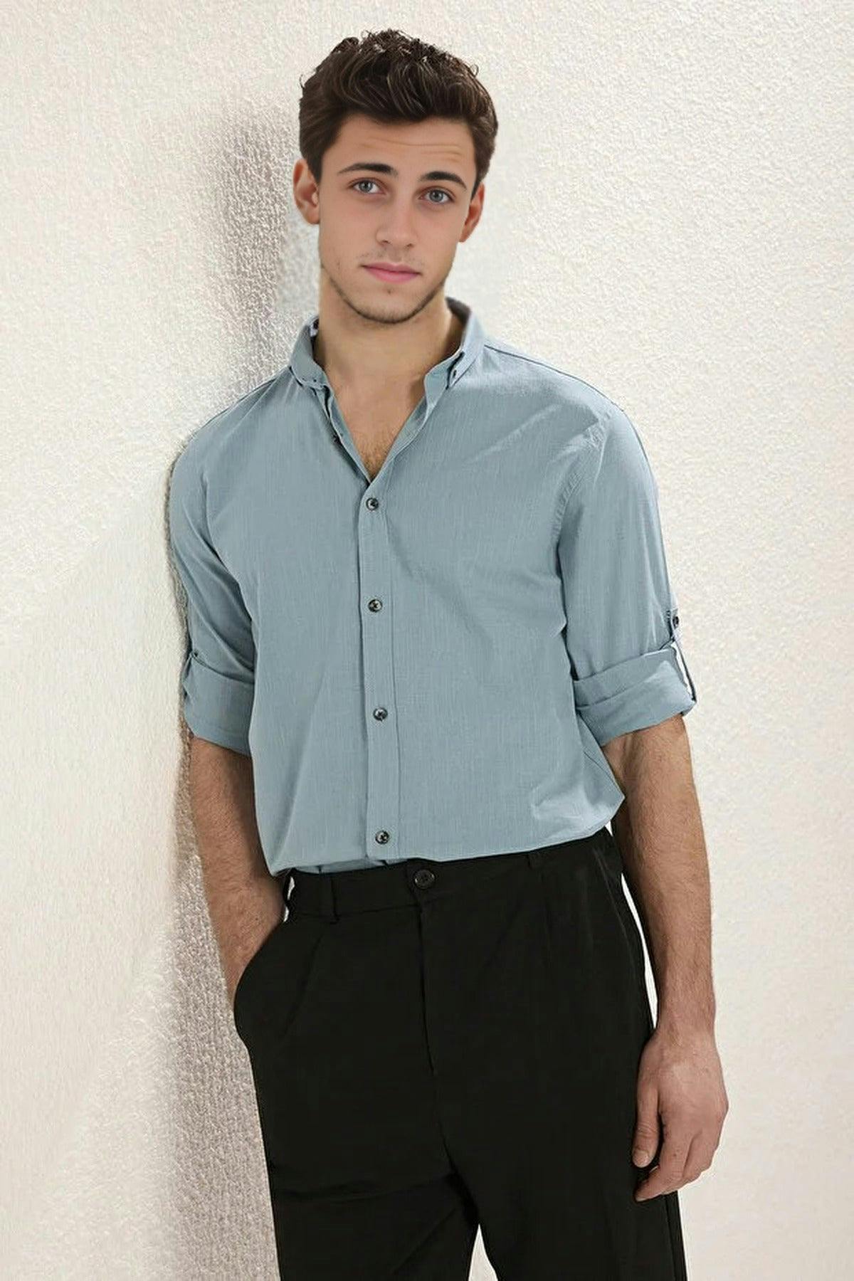 Wovcor Men's Blue Slim Fit 100% Cotton Linen Look ’S Shirt - L