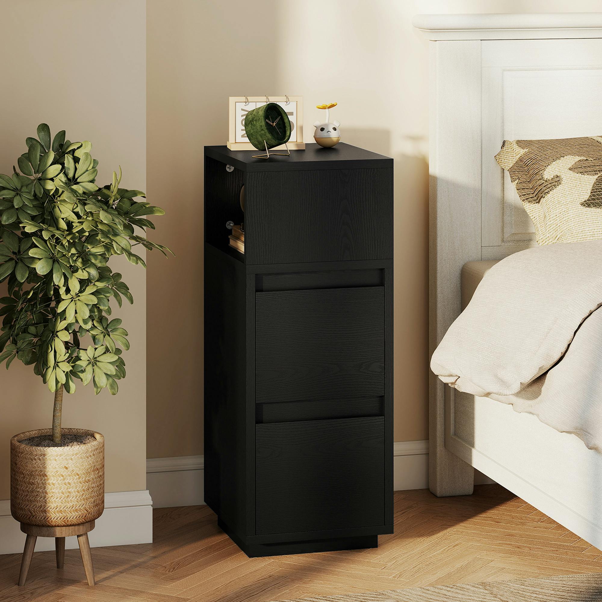 Homcom Black Slim Bedside Table, Bedside Cabinet With Open Shelf And 2 Drawers - 2 - Modern