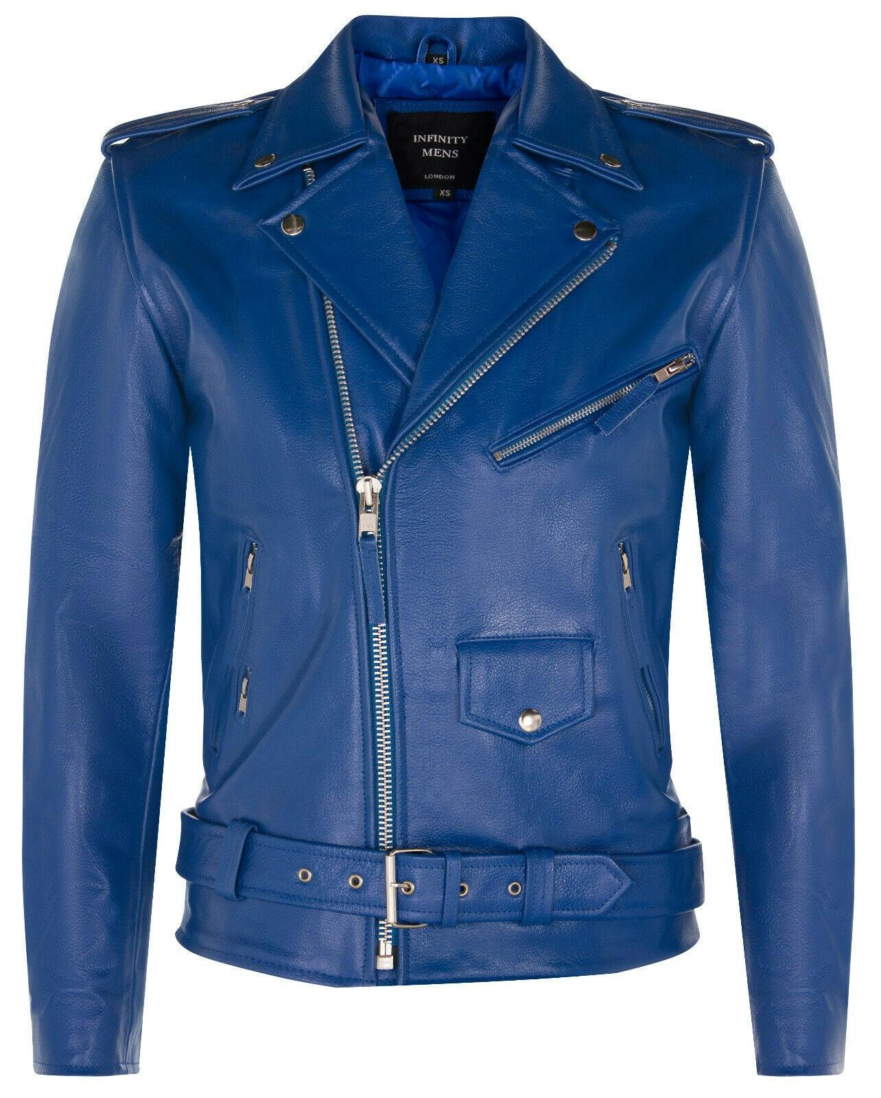 Infinity Leather Men's Blue Leather Brando Biker Rock Motorcycle Hide Jacket - Uk Xl | Eu 52 | Us 42