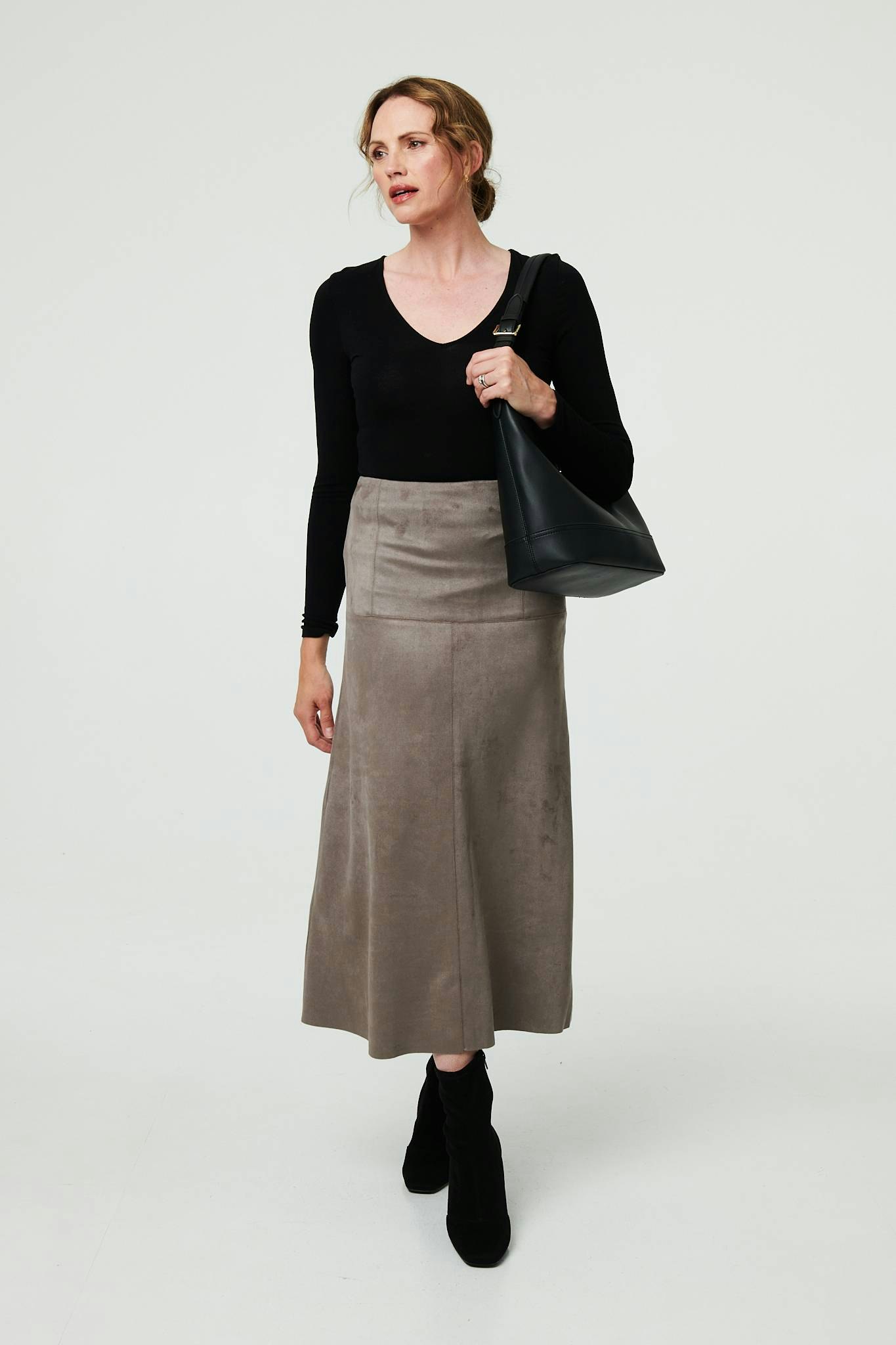Izabel London Grey Faux Suede A-Line High Waist Midi Skirt - 10