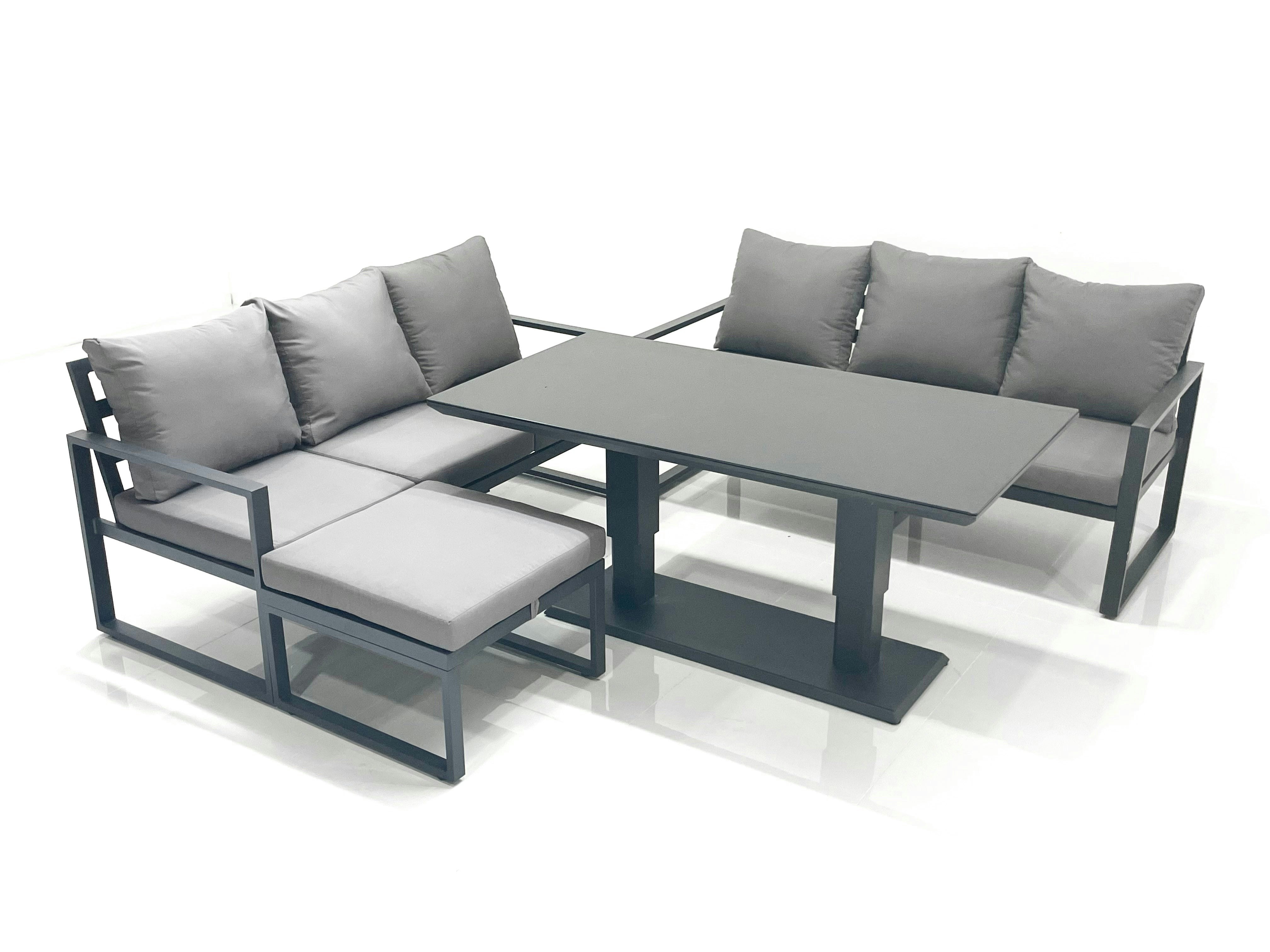 Fimous Dark/Grey 7 Seater Aluminium Outdoor Garden Furniture Set With Adjustable Rising Lifting Dining Table 3 Seater Sofa Big Footstool