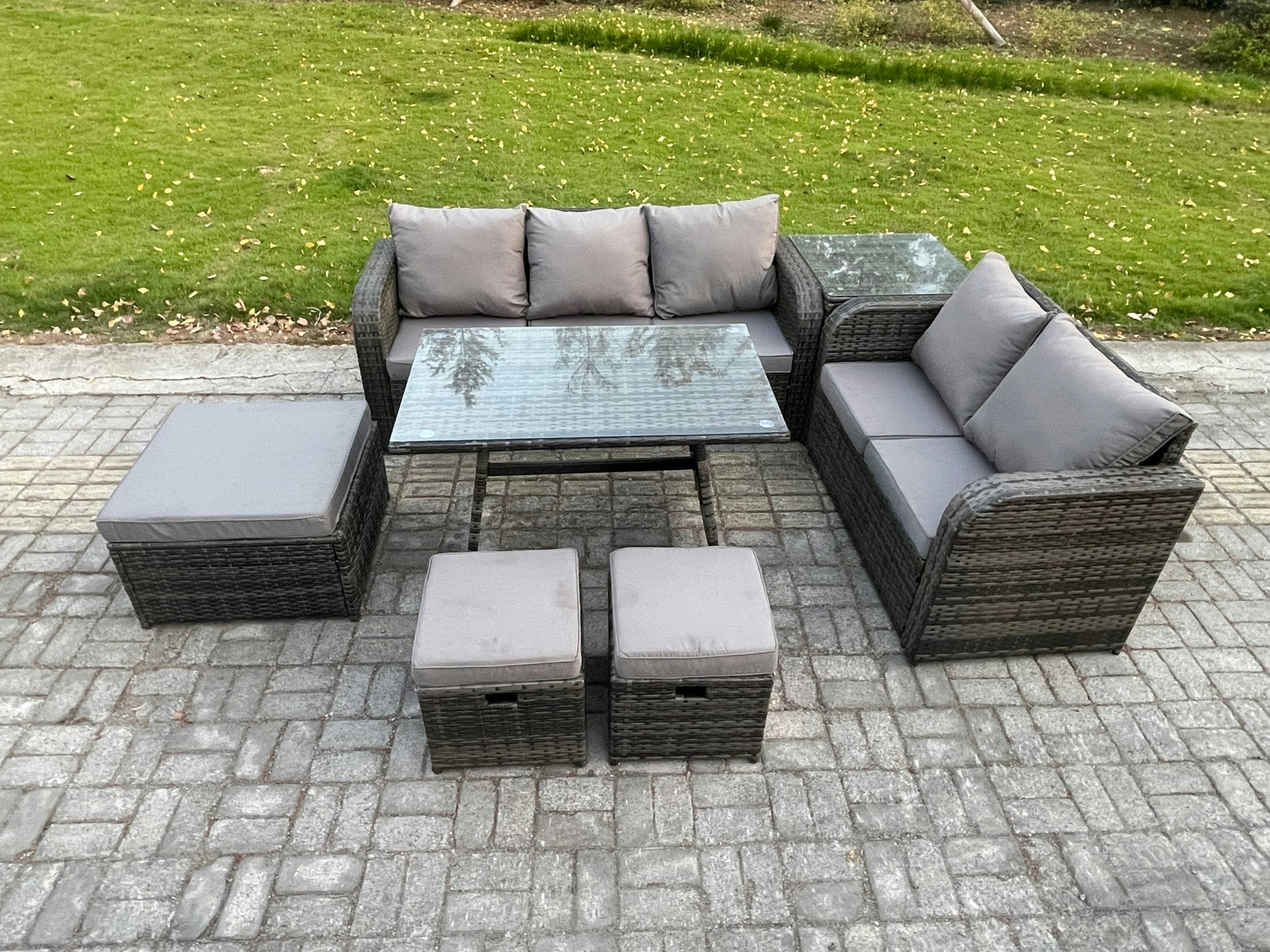 Rackhams Dark/Grey Rattan Garden Furniture Dining Set 8 Seater Patio Rectangular Table 3 Footstools Love Sofa Side Table Mixed