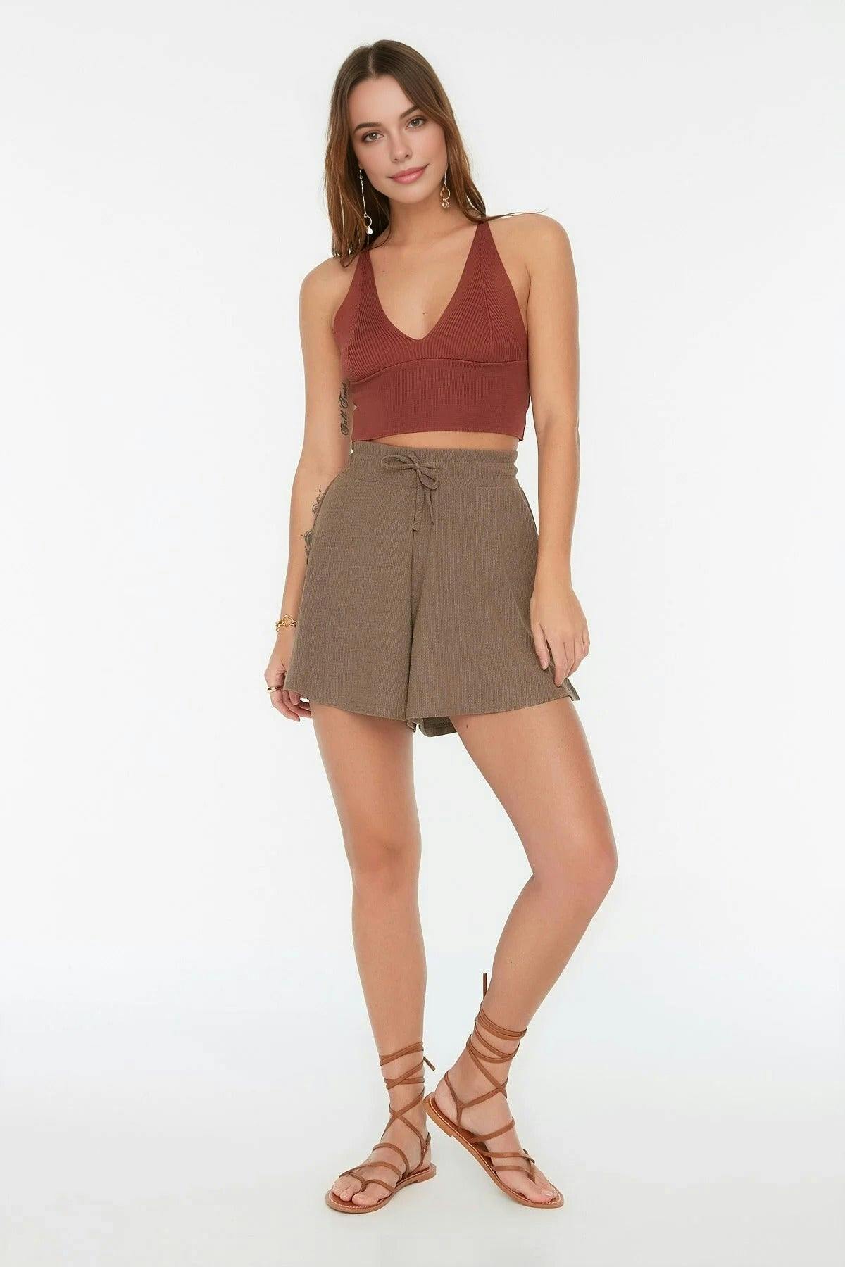 Wovcor Regular Fit Normal Waist Textured Knit Shorts - Taupe - Xl