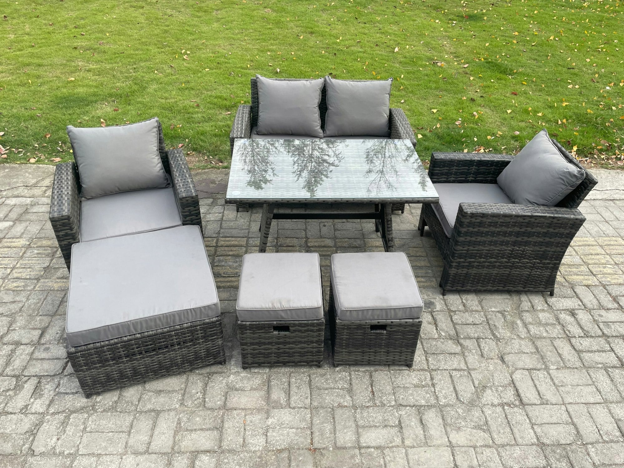 Rackhams Dark/Grey Rattan Wicker Garden Furniture Patio Conservatory Sofa Set With Rectangular Dining Table Armchair 2 Seater Sofa 3 Footstools