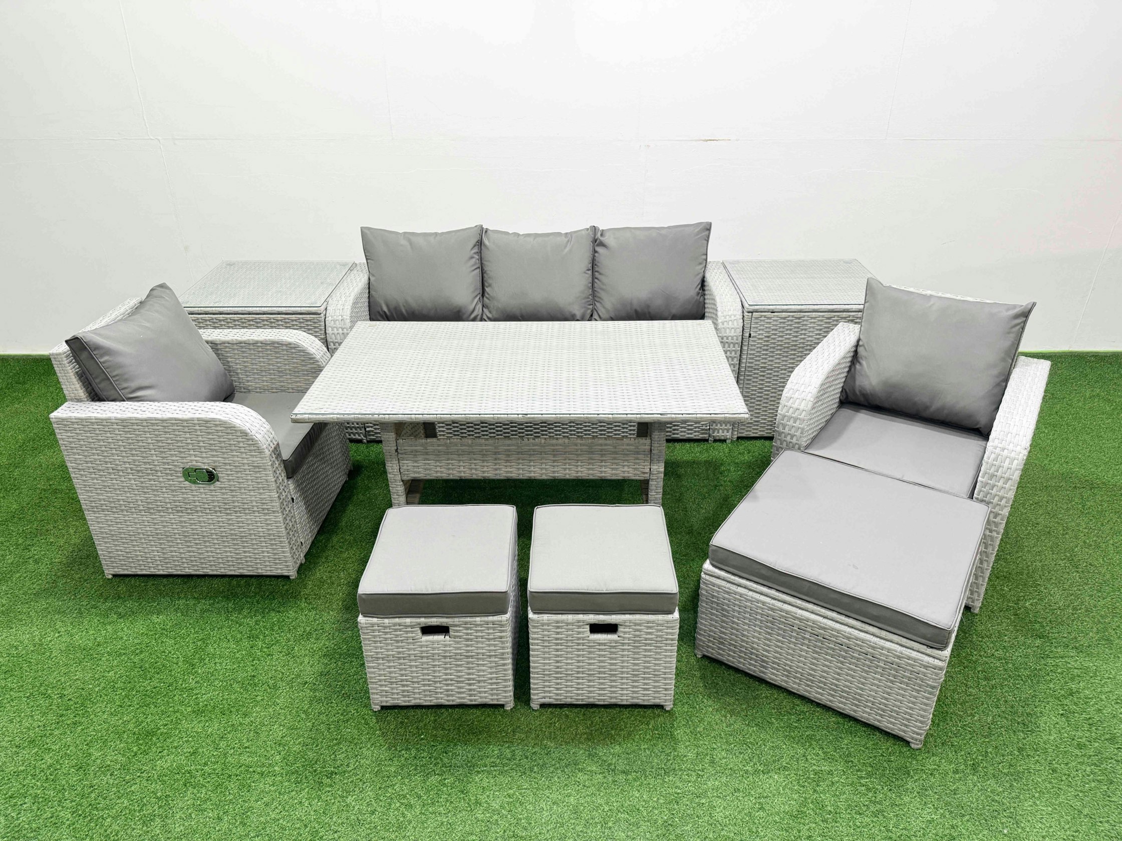 Rackhams Light/Grey Pe Rattan Garden Furniture Set Reclining Chair Sofa Lounge Sofa Set Rectangular Dining Table 2 Side Table 3 Stools
