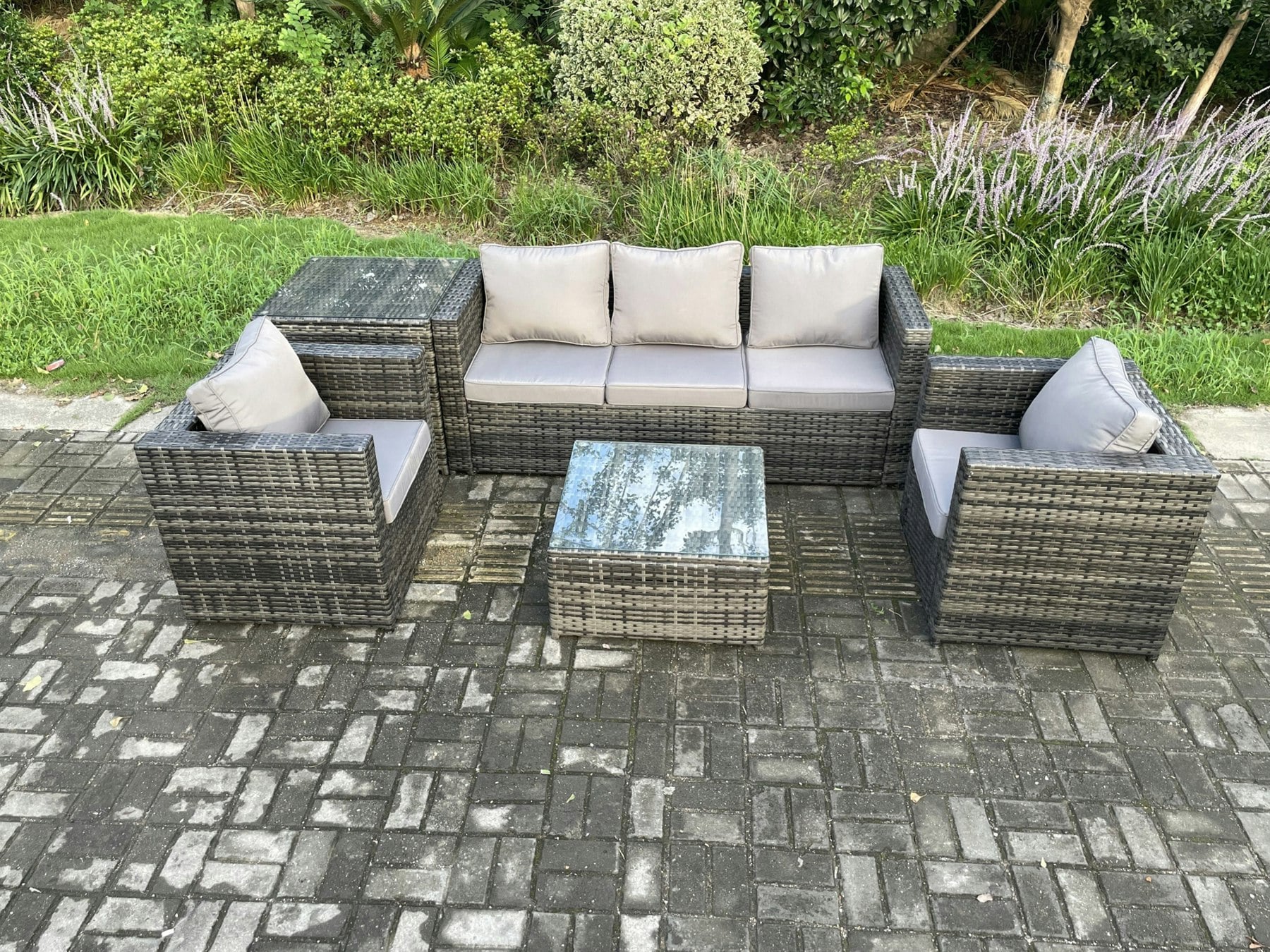 Rackhams Dark/Grey Outdoor Lounge Sofa Set Wicker Pe Rattan Garden Furniture Set With 2 Armchairs Side Table Square Coffee Table Mixed