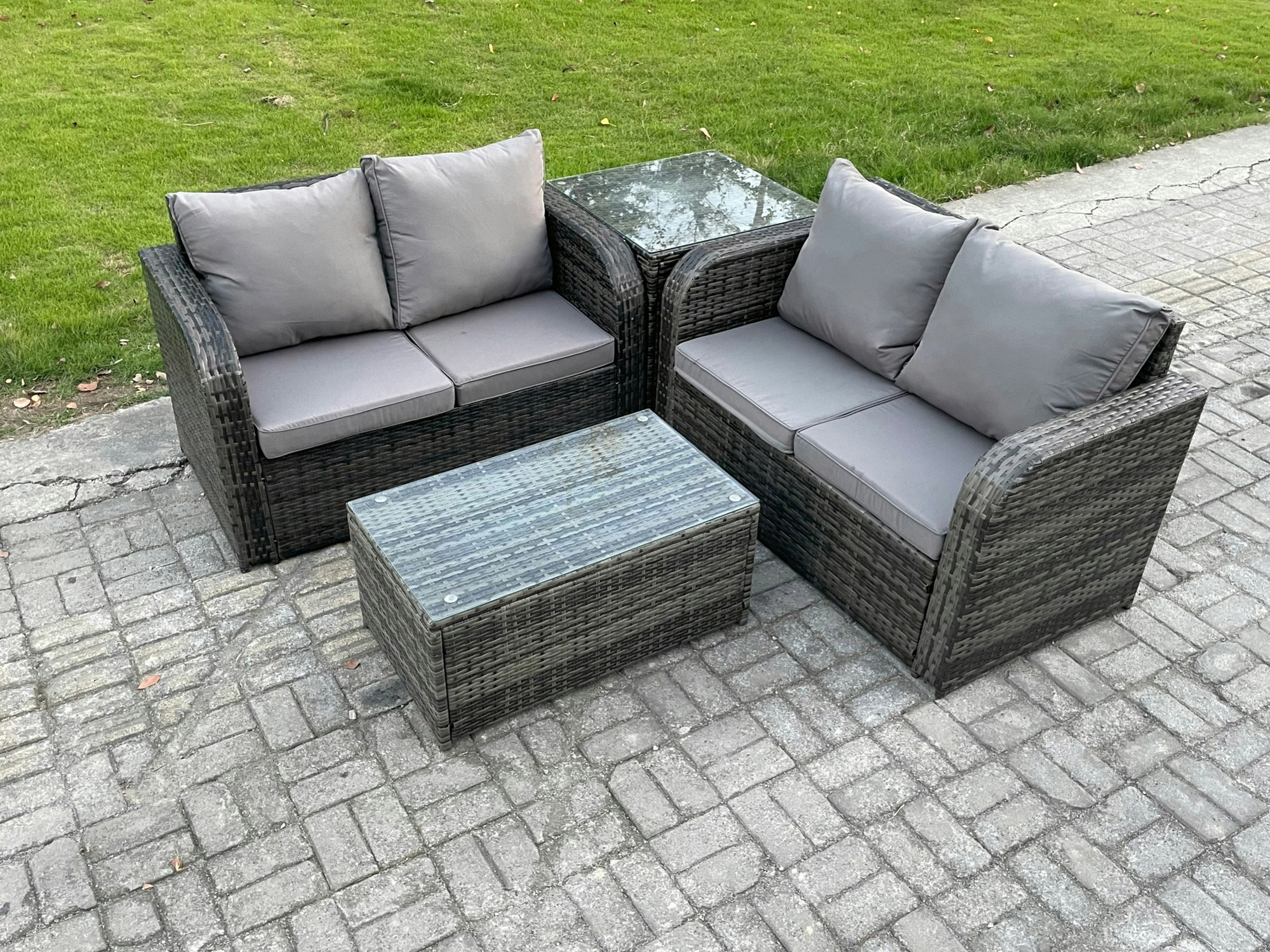 Rackhams Dark/Grey Outdoor Lounge Sofa Set Rattan Garden Furniture Set With Rectangular Coffee Table Side Table Mixed