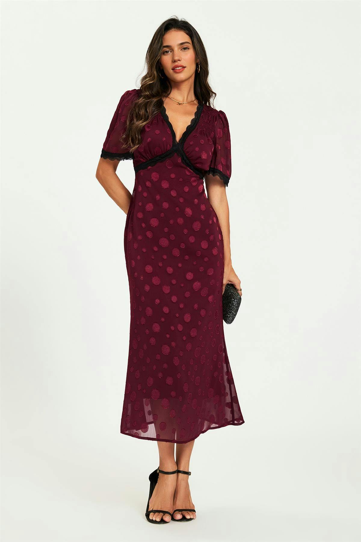 Fs Collection Black Polka Dot Jacquard Lace Trim Midi Dress In Wine - Xs - Wine