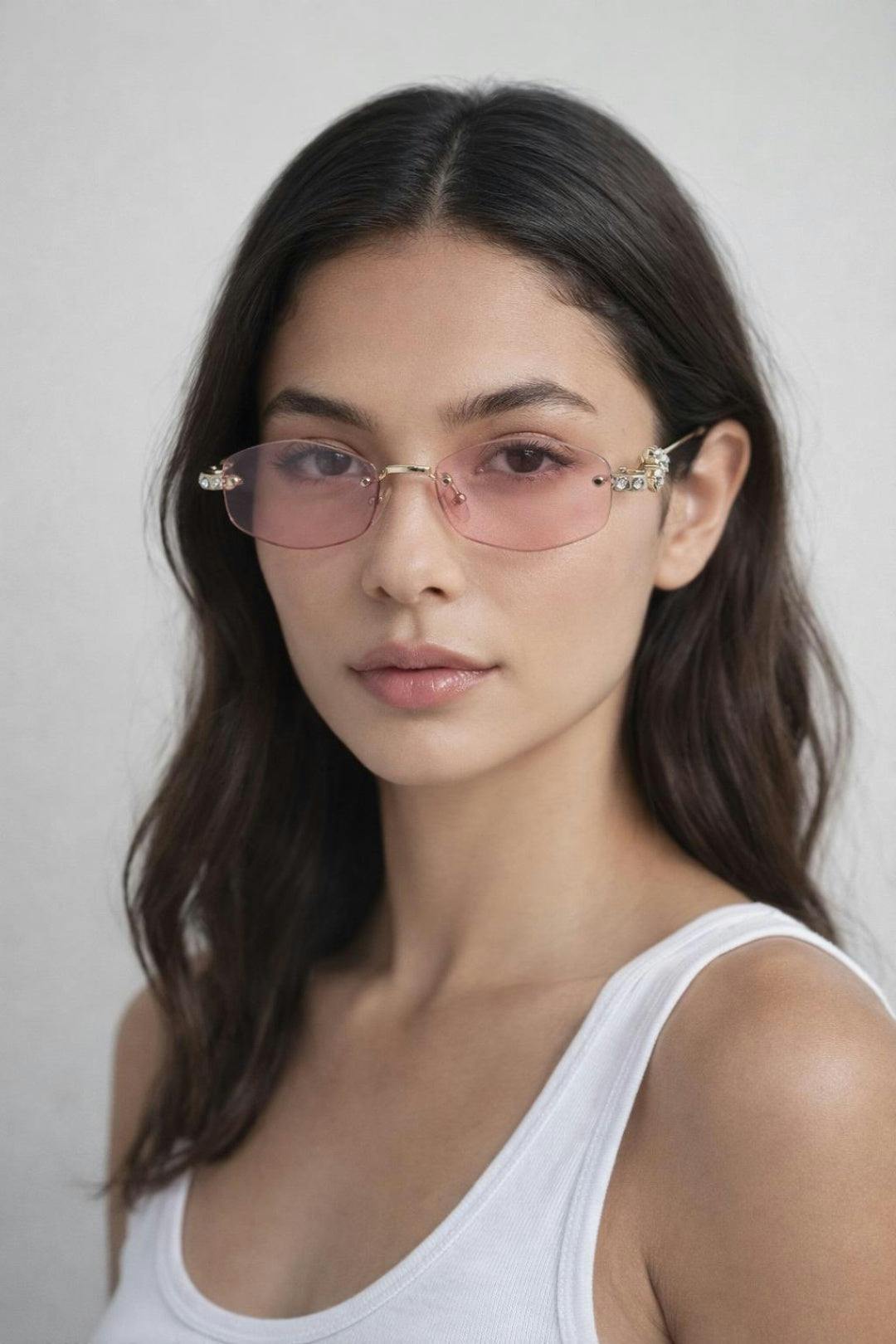 Svnx Pink Rimless Oval Diamante Sunglasses In - One Szie