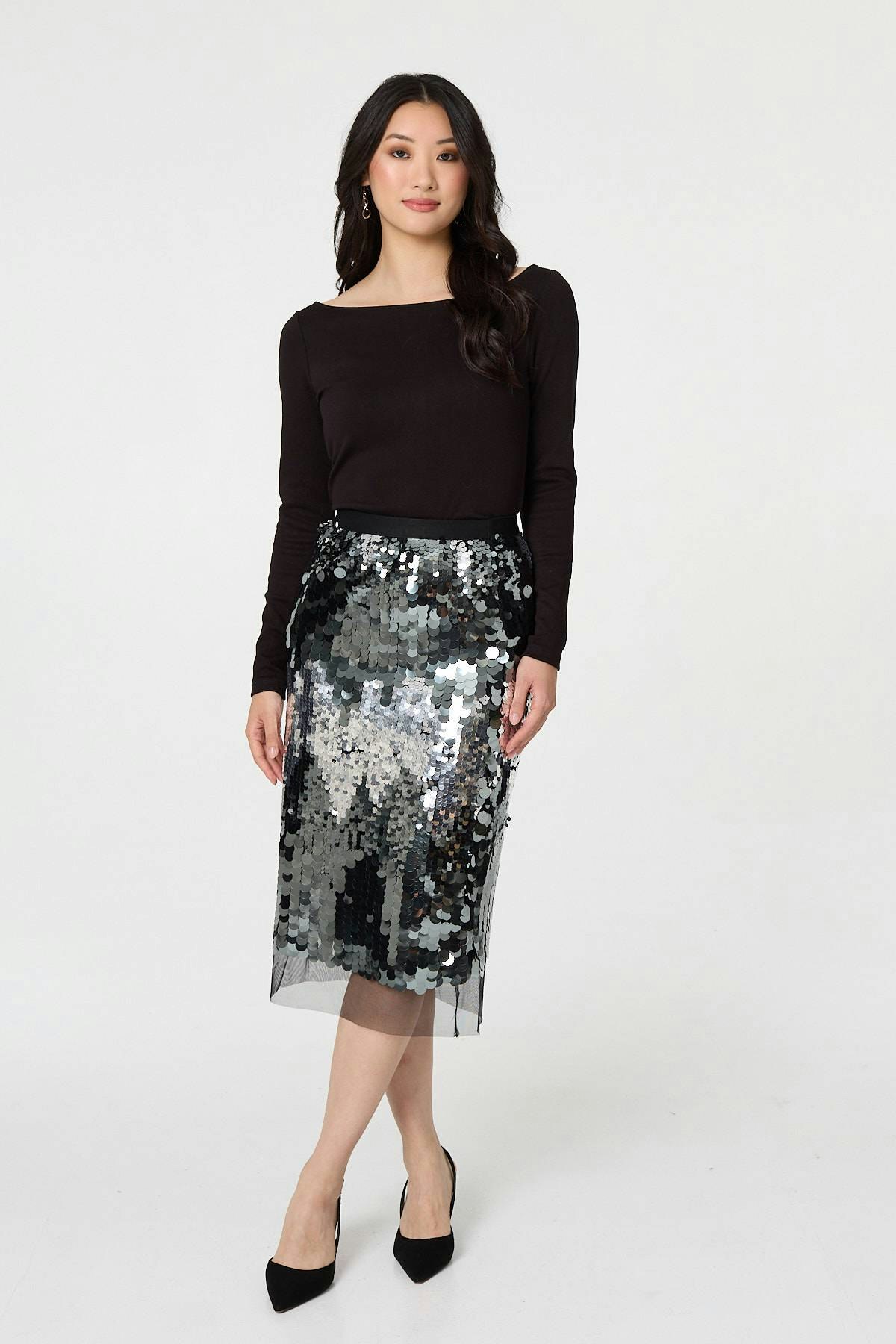 Izabel London Green Sequin Embellished Mesh Layer Midi Skirt - 12