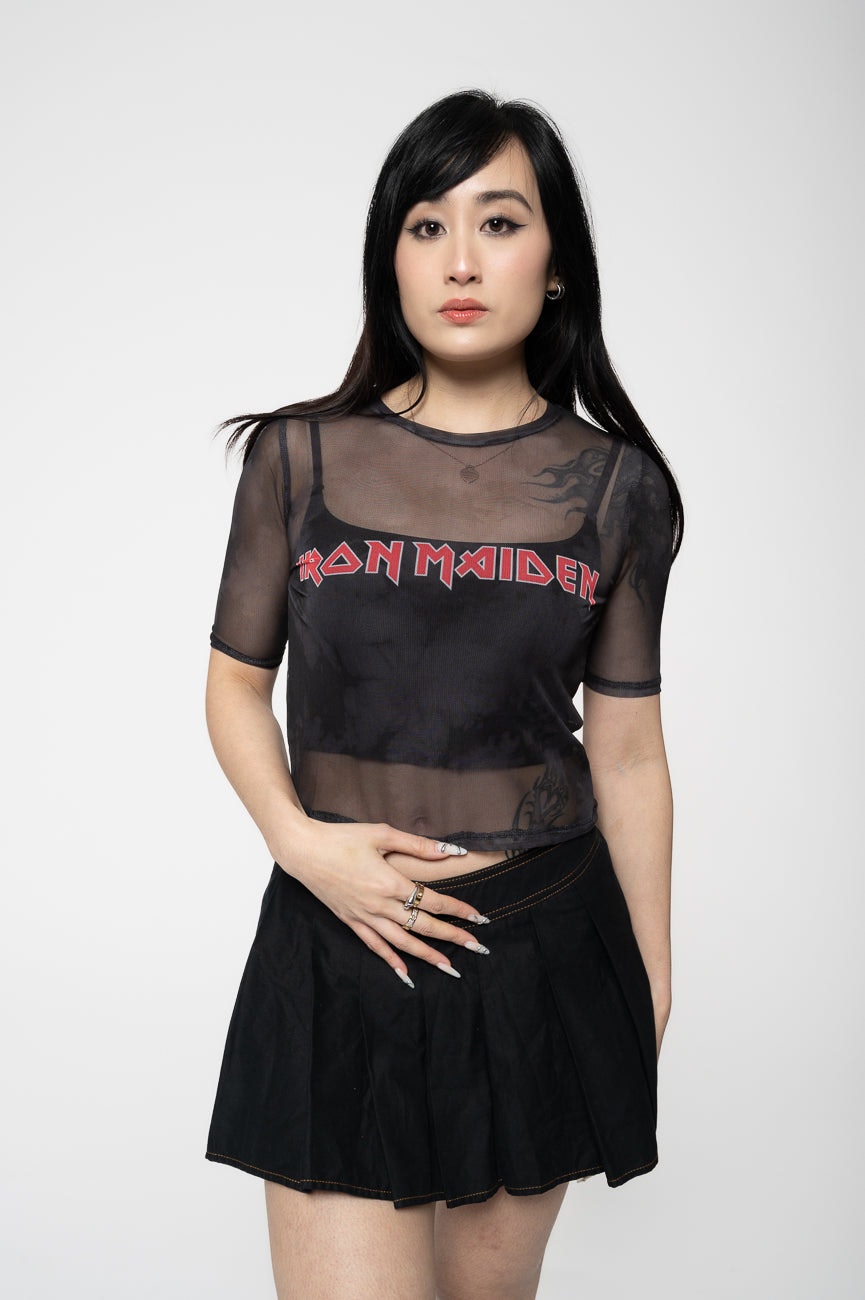 Paradiso Clothing Women's Black Iron Maiden Band Logo Mesh Crop Top - Xxl