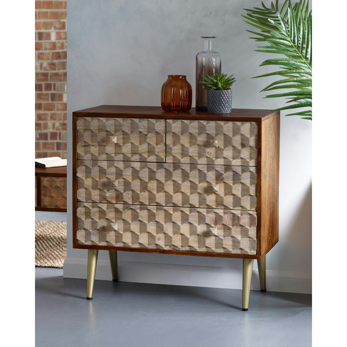 Rackhams Gold Camille Retro 4 Drawer Chest - Wood - 85Cm X 40Cm X 80Cm (Lxdxh) - Chest Of Drawer