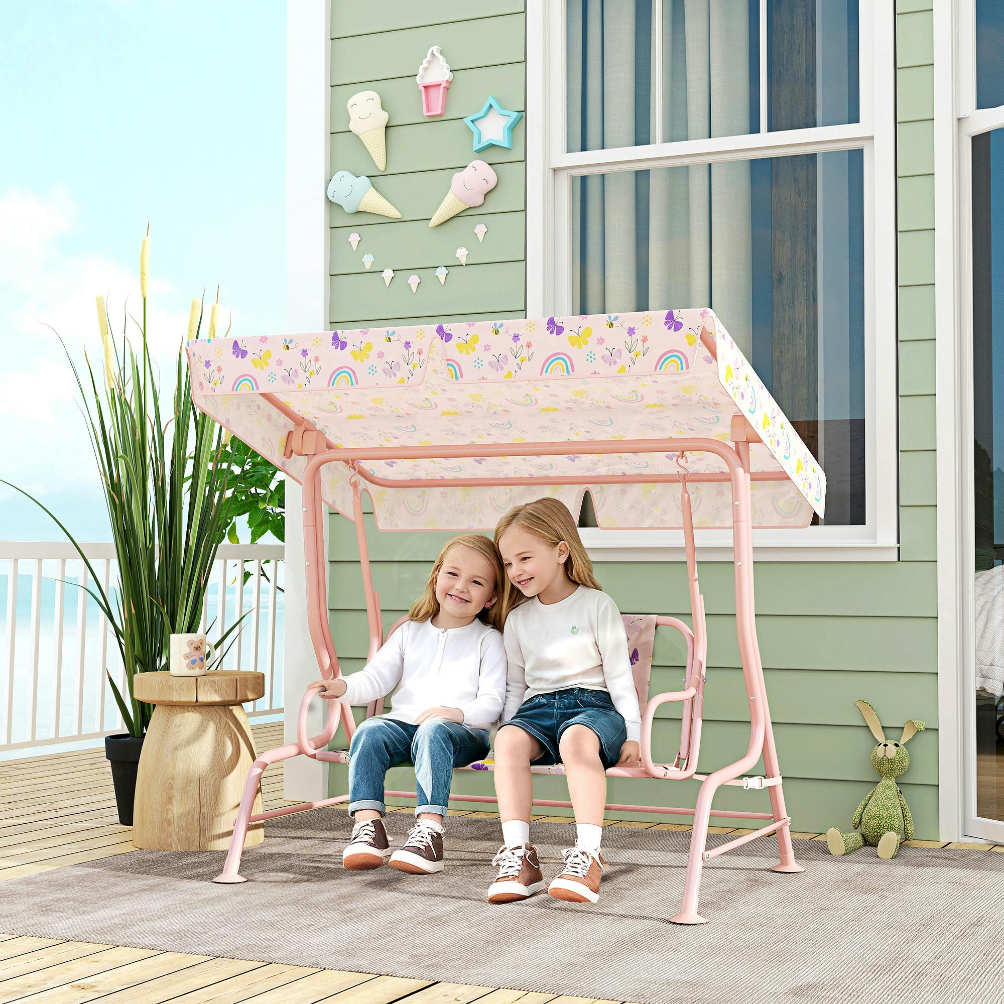 Rackhams Pink Kids Garden Swing Chair, Swing Seat With Adjustable Canopy,