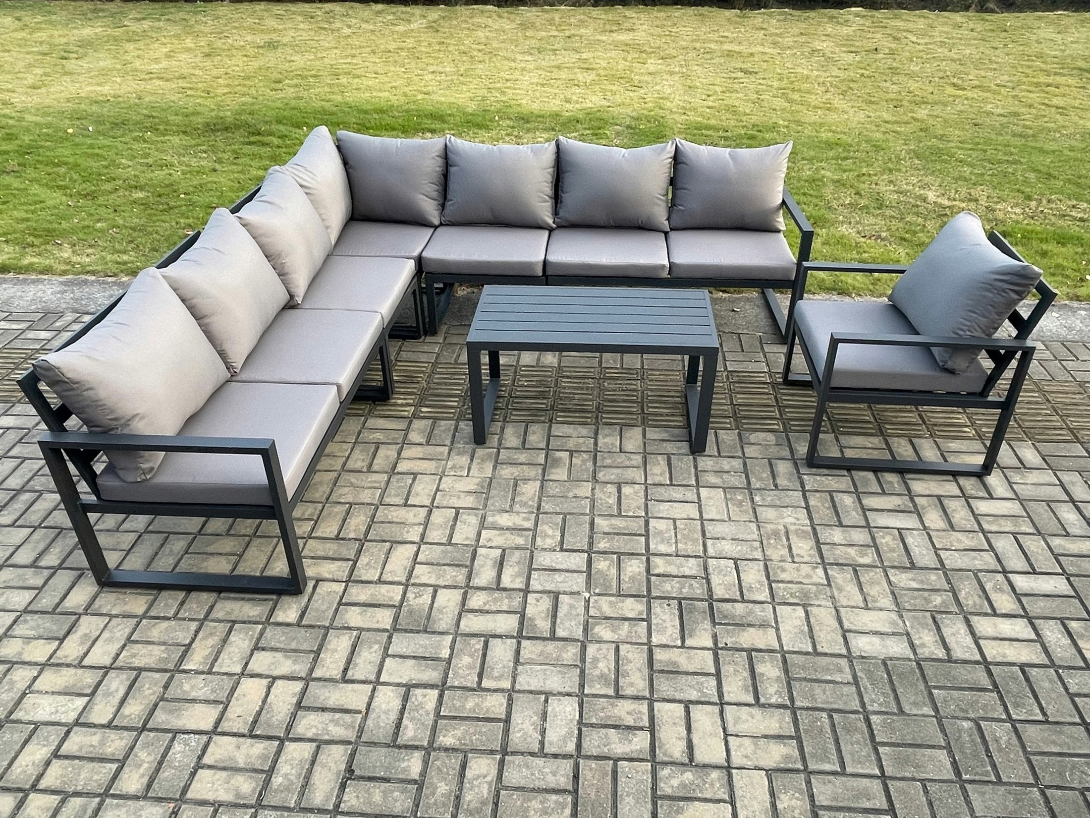 Rackhams Dark/Grey Aluminium Patio Outdoor Garden Furniture Lounge Corner Sofa Set With Oblong Coffee Table Chair