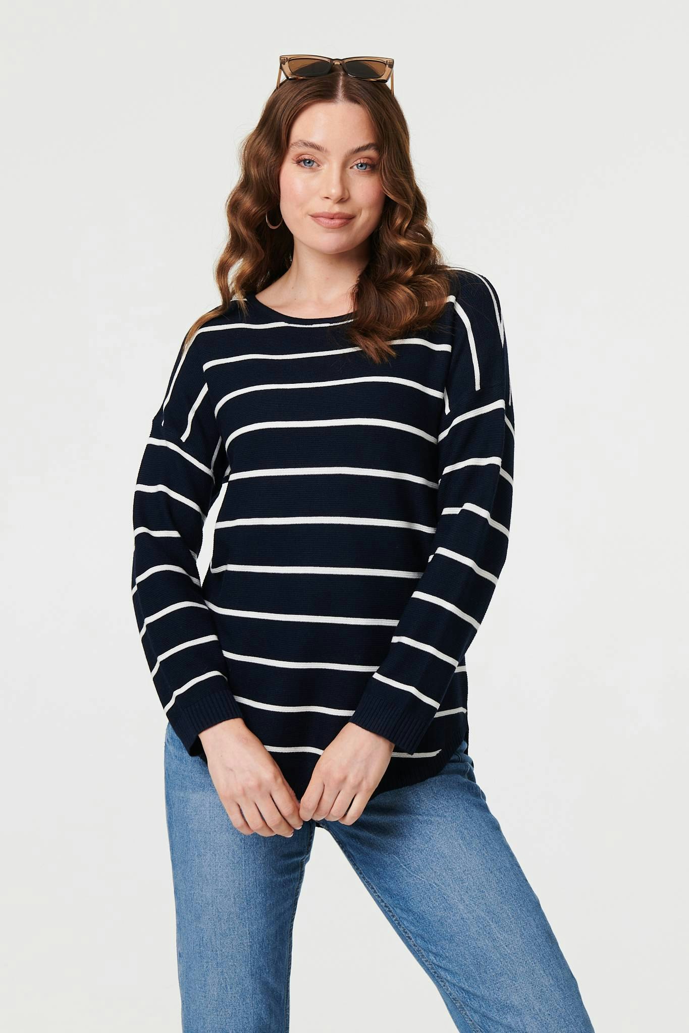 Izabel London Striped Drop Shoulder Long Sleeve Top - 12 - Navy